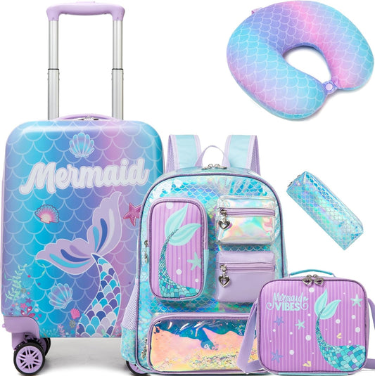 Cute Mermaid Kid’s Luggage Set 5 Piece Suitcase Set 16’’ Hardside Luggage with Spinner Wheels Girls Carry on Toddler Luggage Travel Rolling Suitcase Airline Approved
