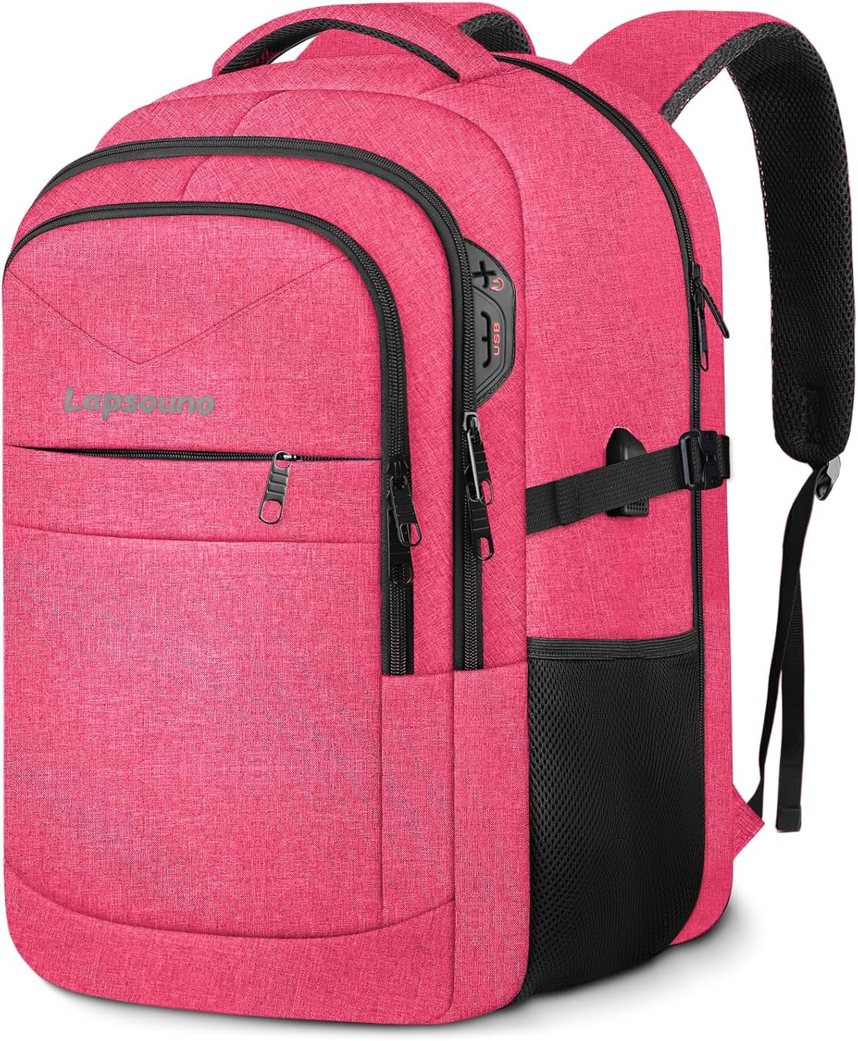 Lapsouno Travel Laptop Backpack, 15.6 Inch Travel Laptop Backpack, Water Resistant Casual Hiking Daypack, Computer Bag with USB Port, College School Business Backpack for Women, Pink