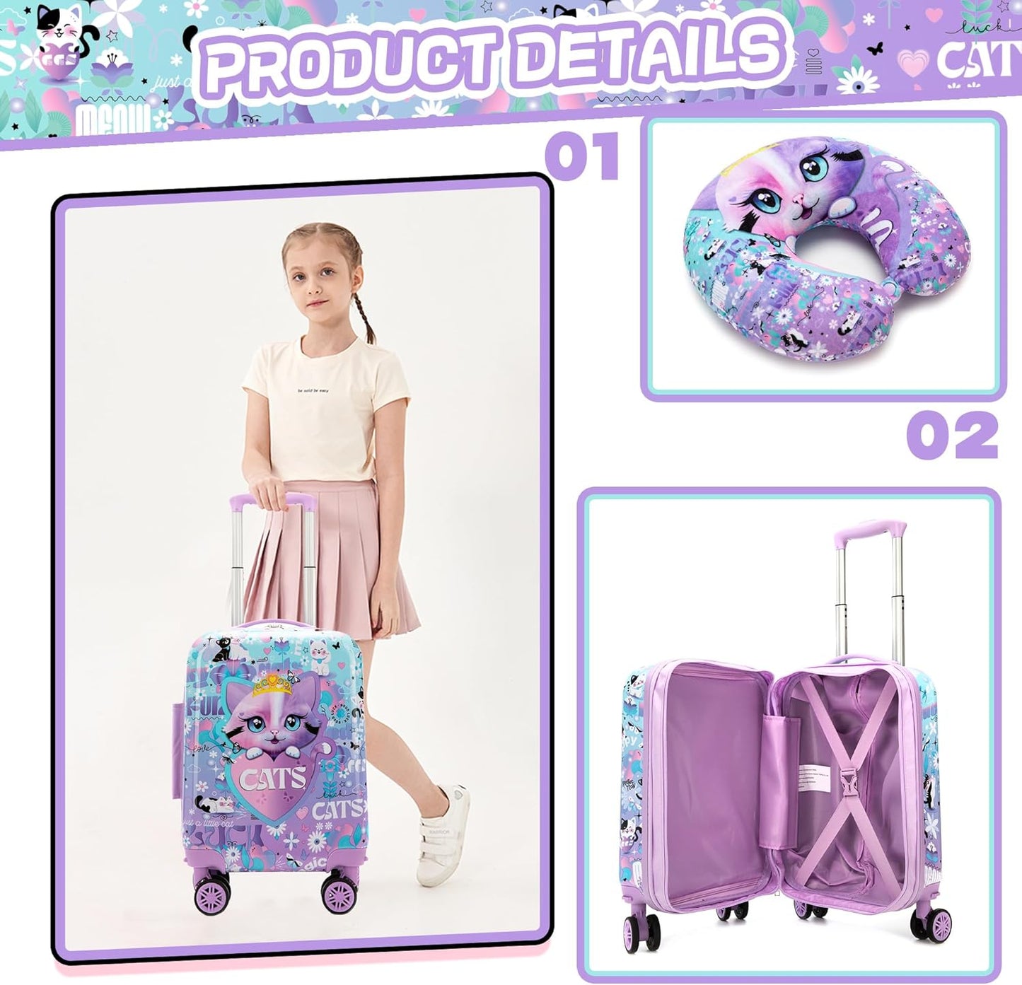 Cute Cat Kid's Luggage Set 2 Piece Suitcase Set 16" Hardside Luggage with Spinner Wheels Girls Carry on Toddler Travel Rolling Luggage Airline Approved