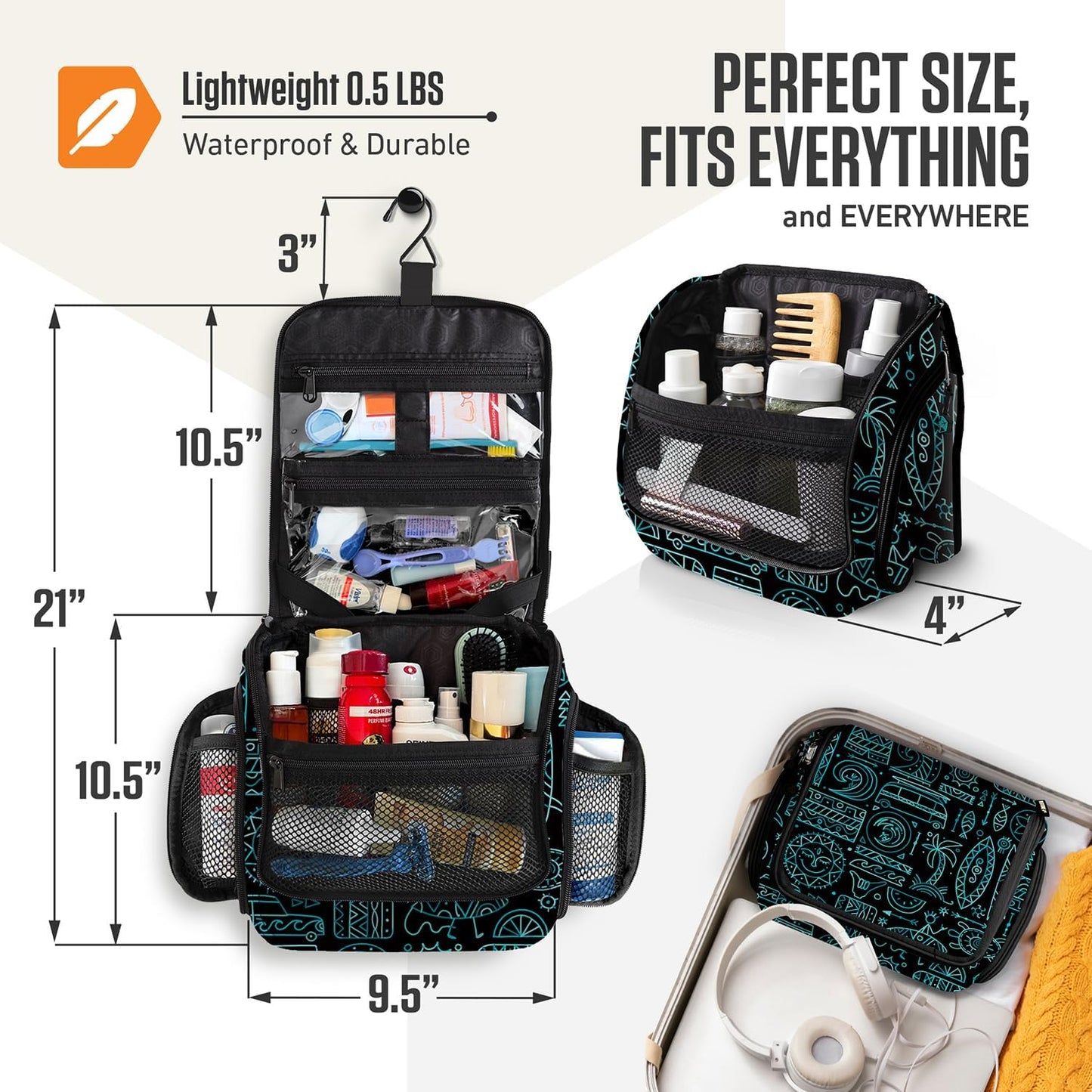 VENTURE 4TH Hanging Travel Toiletry Bag for Women & Men - Travel Organizer with Expandable Compartments & Removable Clear Pouch for Toiletries (Surfing Vibes)