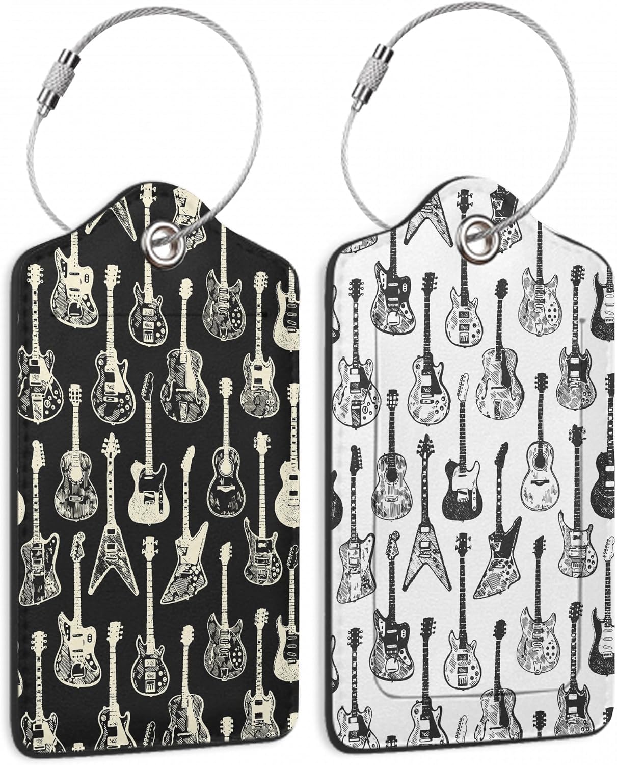 2 Pack Leather Luggage Tag for Suitcase Music Guitar Unique Travel Tags with Privacy Cover ID Label & Stainless Steel Loop for Men and Women Baggage