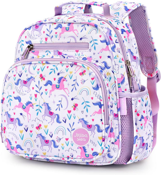 mibasies Toddler Backpack for Girls 2-4: Cute Kids Backpacks for Girls - Preschool Kindergarten Backpack - Unicorn Garden Purple