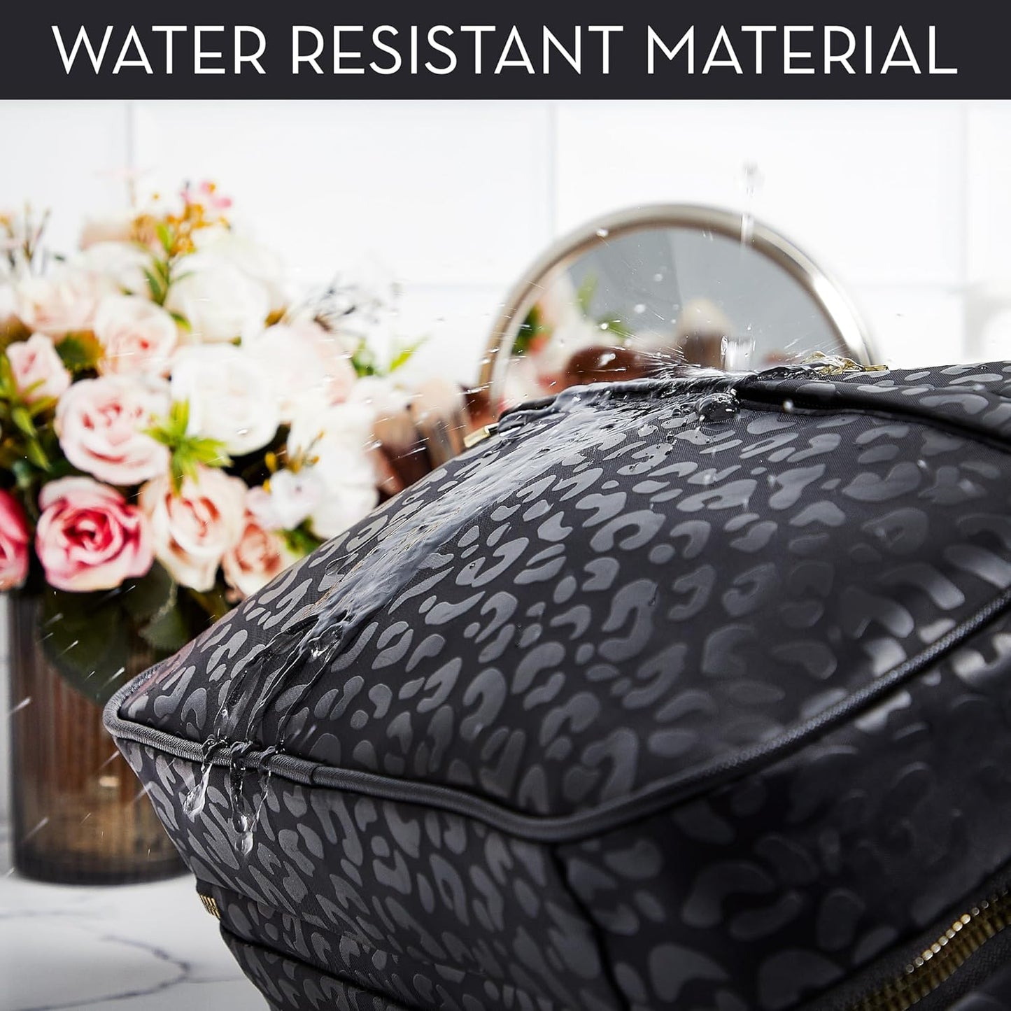 Nicole Miller New York Once Upon a Rose Makeup Bag, Multifunctional Travel and Toiletries Bag, Cosmetics Essentials Accessories Bag, Luxurious, Classic, Chic, and Stylish, Black Cow