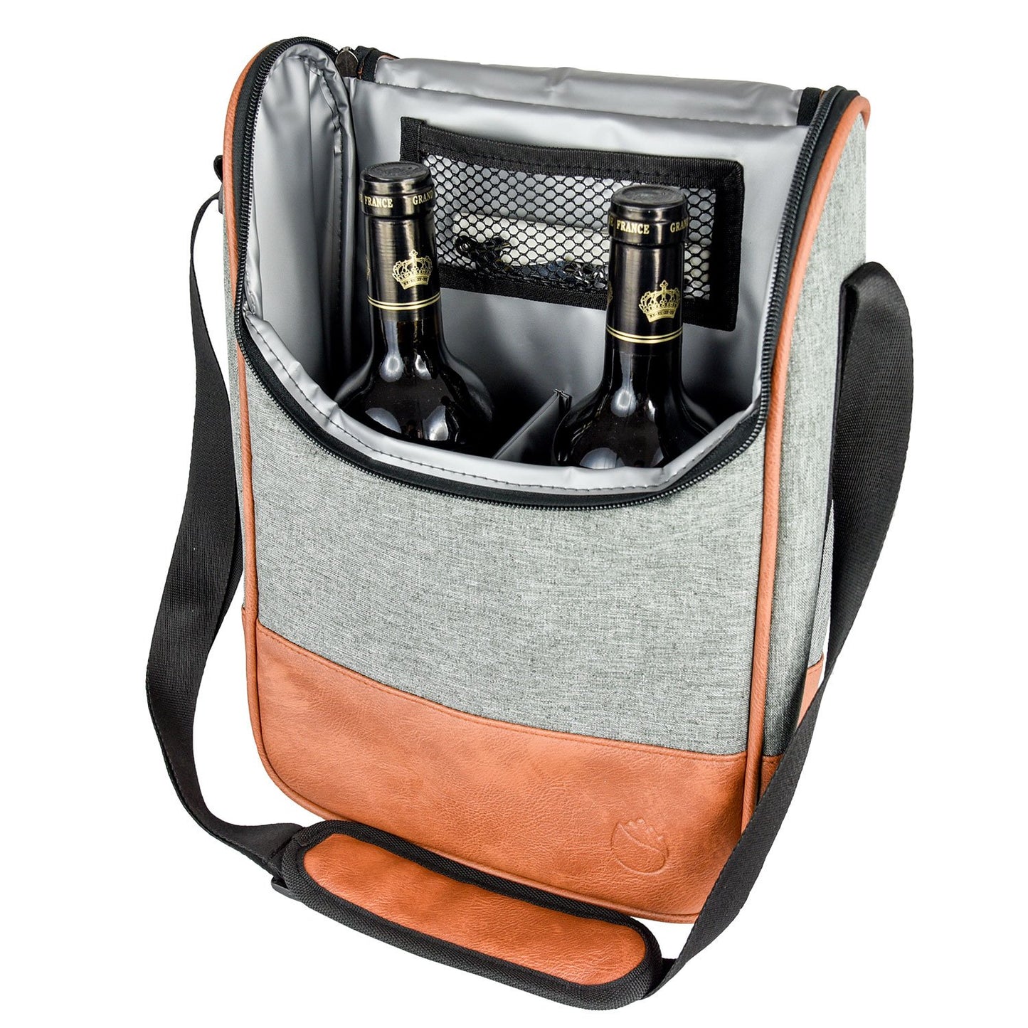 2 Bottle Wine Set Leather Insulated Bag As Gift - Luxury 2 Bottle Carrier Design For Picnic/Travel - Idea Gift For Women/Man (Reserve Place For Corkscrew Opener ＆ Cheese, Gray Brown)