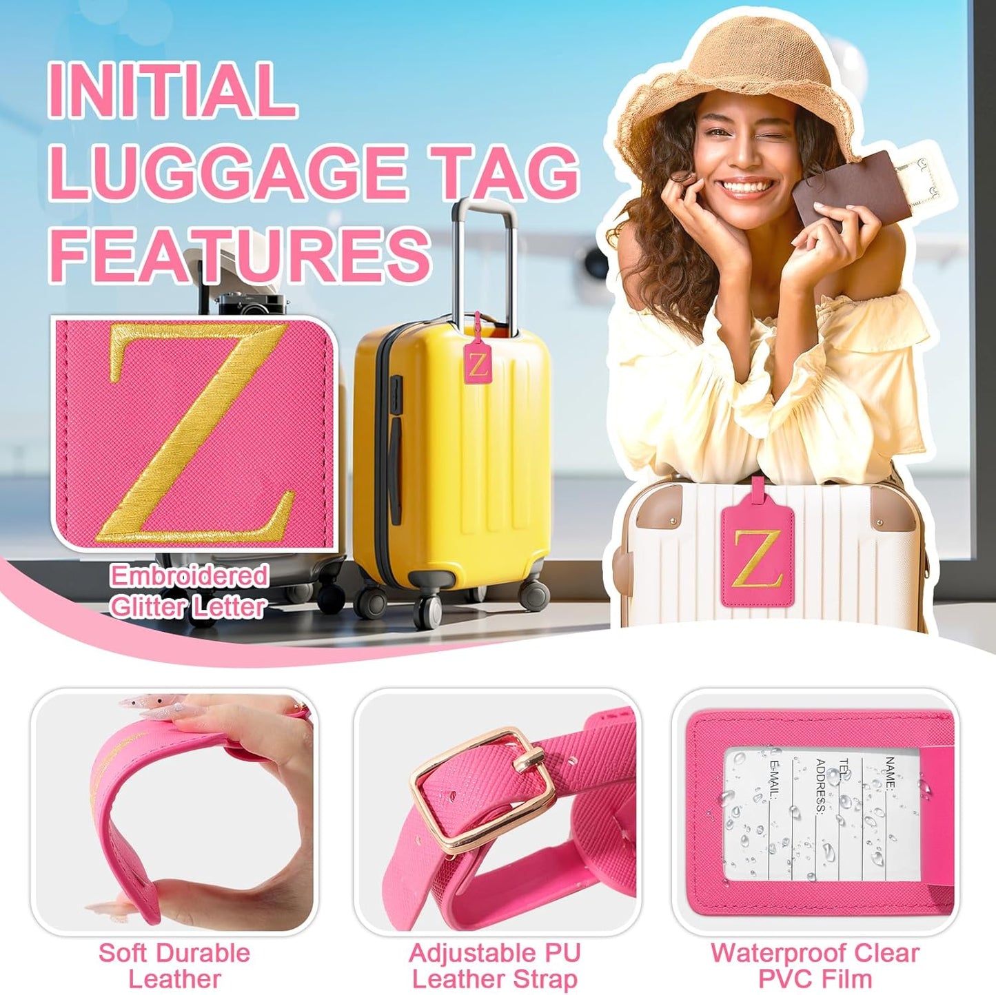 Personalized Initial Rose Red Leather Cute Luggage Tags with Privacy Cover Name Card, Embroidered Custom Monogram Travel Backpack Tag Gifts for Women Kids(Z)