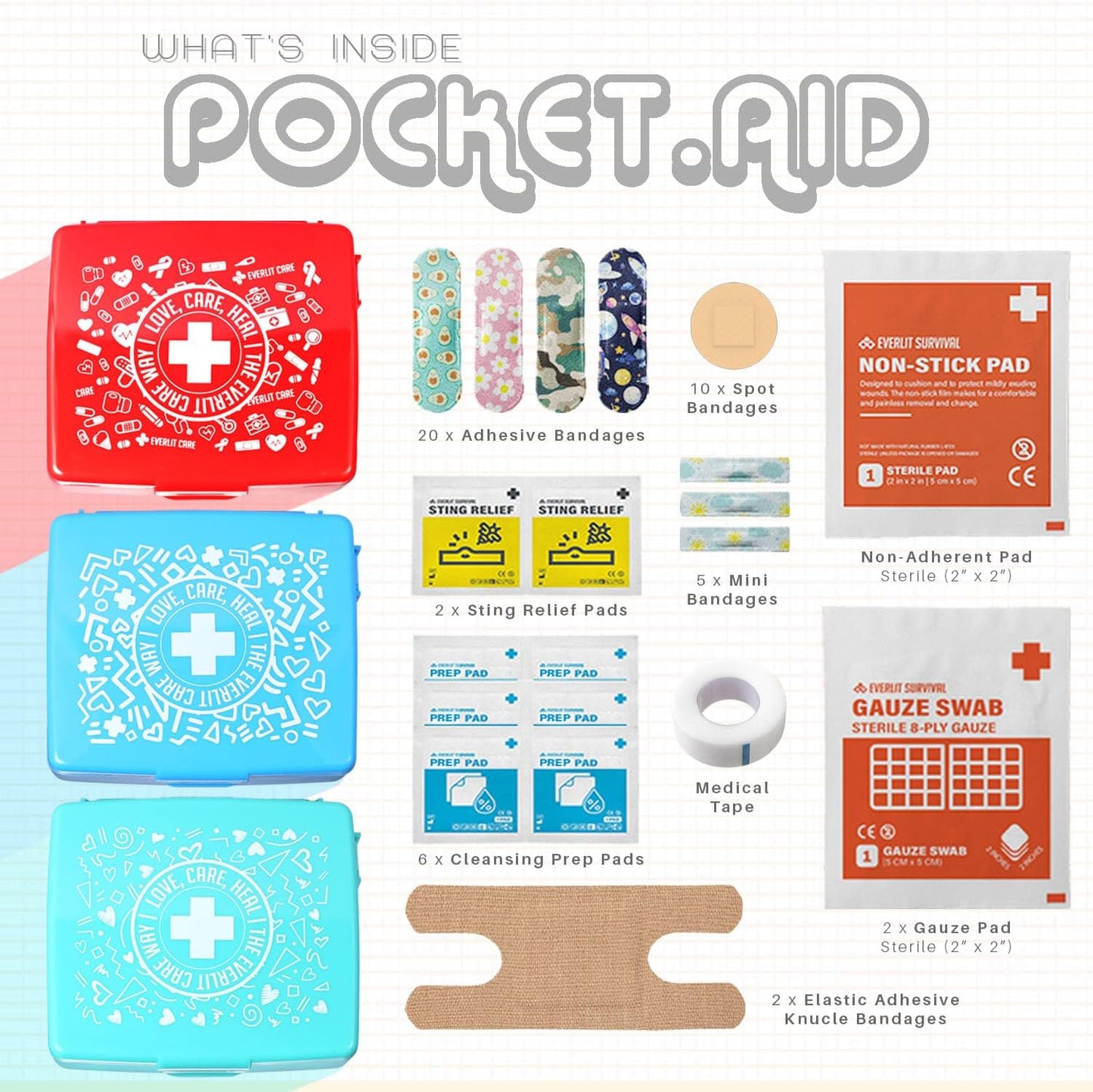 EVERLIT Pocket-Aid Mini First Aid Kit | Compact, Portable Hard-Shell Cases of 50 Items | Cuts, Scrapes, Wound Care Essentials for Travel, Outdoor, School, Camping, Home, Office (12 Packs | 600 Pcs)