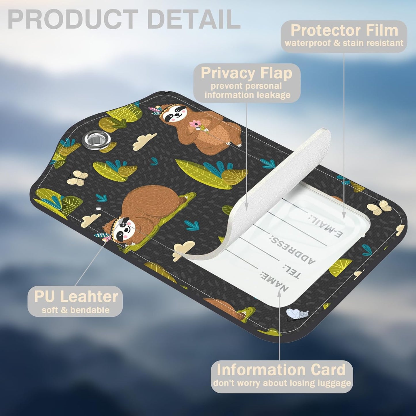 2 Pack Yoga Luggage Tags for Suitcases Funny Sloths Leather Luggage Tags Privacy Cover ID Label with Stainless Steel Loop and Address Card for Women Men Travel Bag Backpack