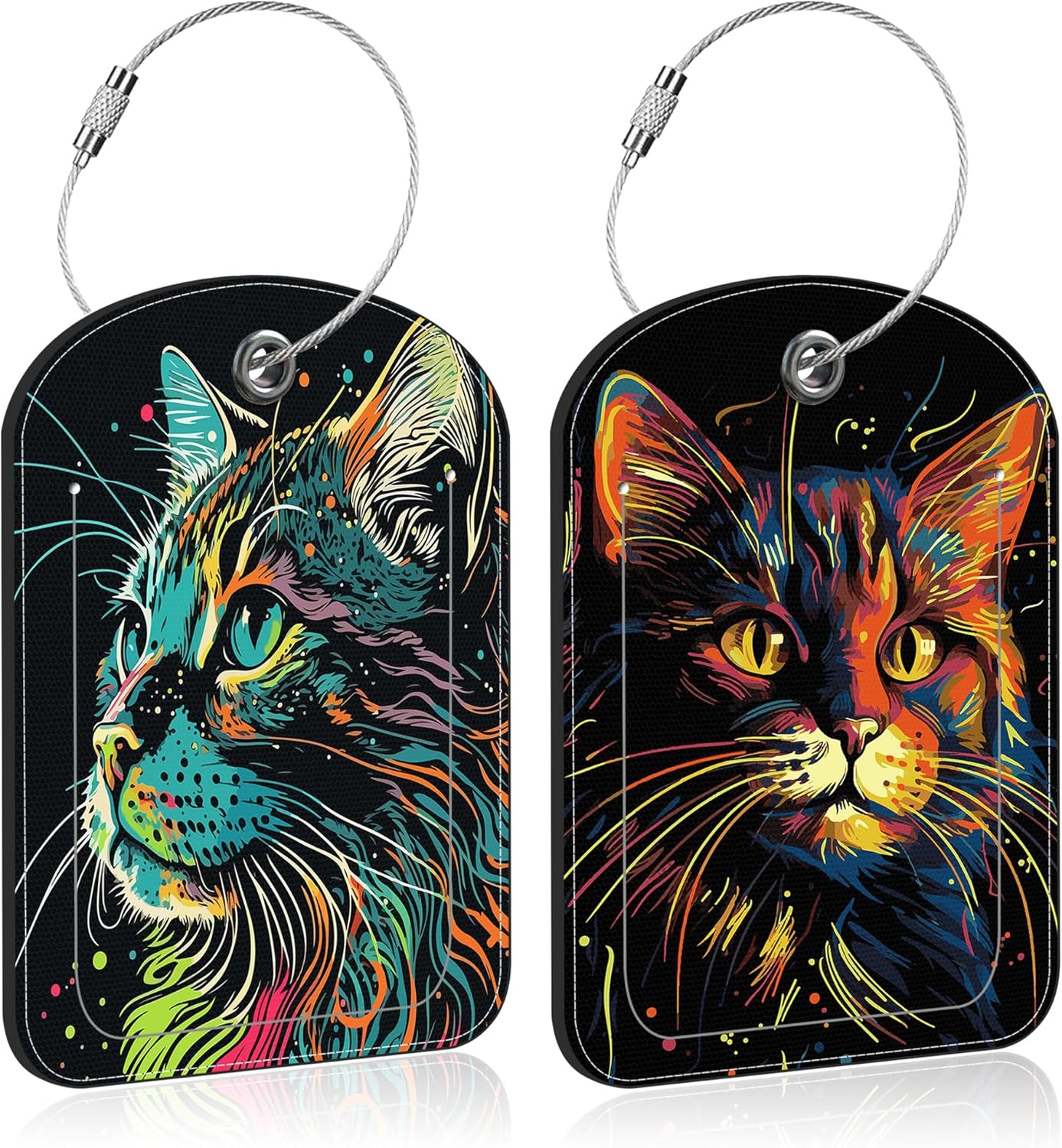 2 Pack Luggage Tag for Suitcase Colorful Cat Leather Suitcase Tags with Privacy Name ID Label and Stainless Steel Loop for Travel Bag