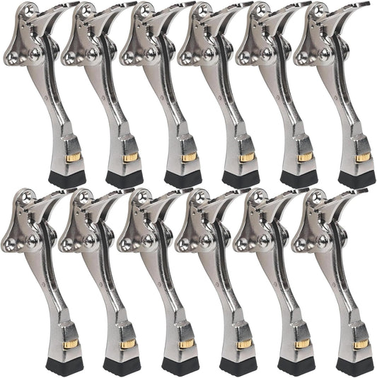 12 Packs Heavy Duty Kickdown Door Stopper, One Touch Adjustable Kickdown Door Stop for Heavy Doors, 4 in Metal Door Kickstand with Rubber Tip & Wall Protectors for Wide Doors