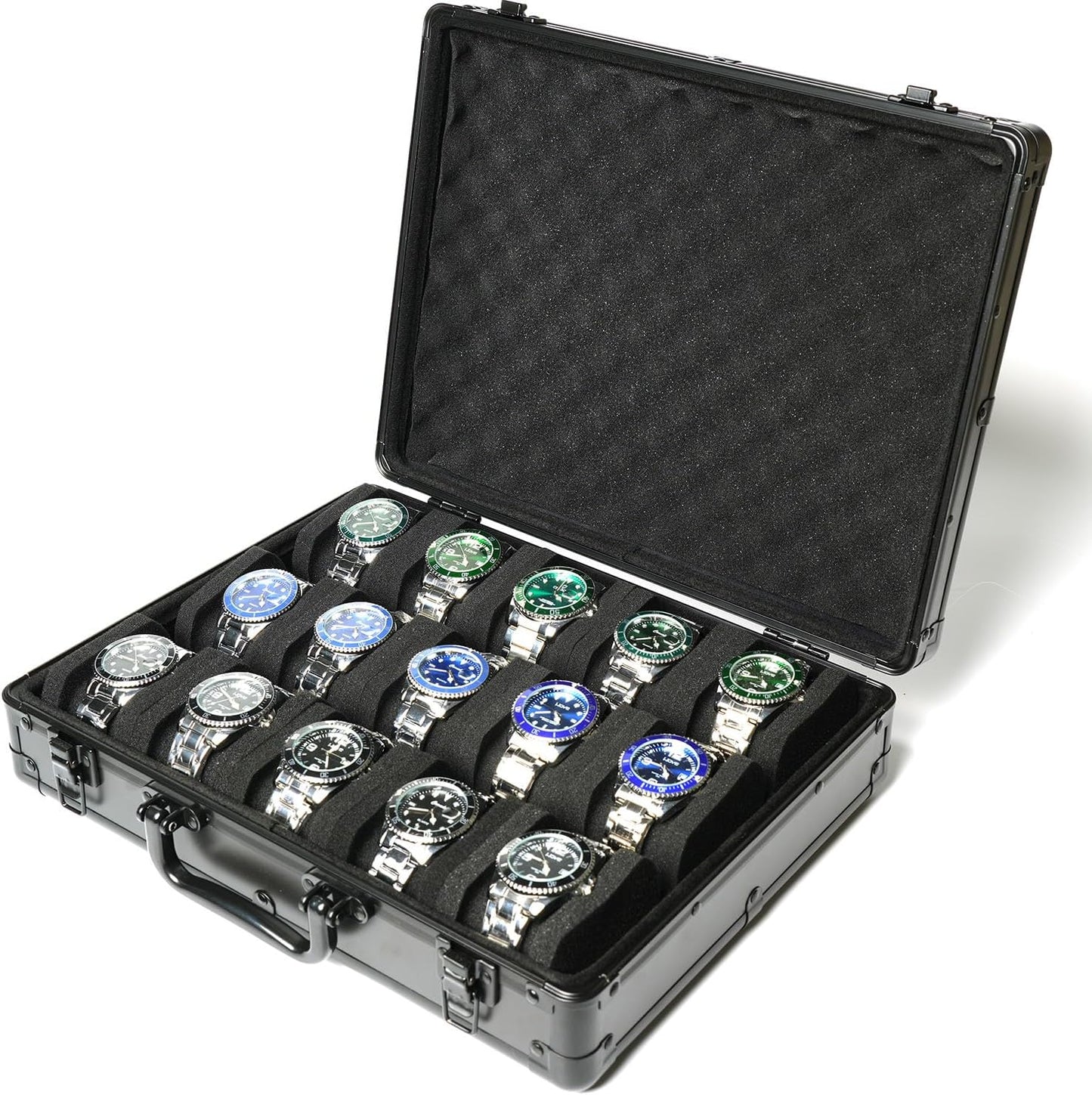 15 slots Watch organizer Case, Aluminum watch storage box, hard watch travel box, padded case for watch display and organization