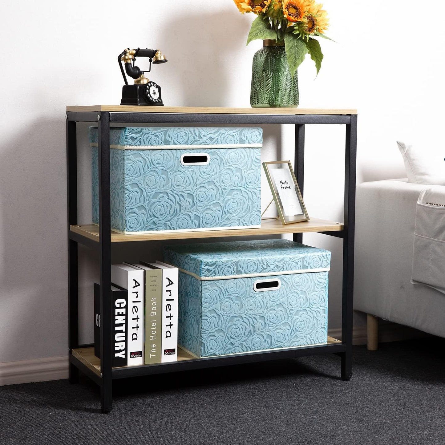 PRANDOM Larger Collapsible Storage Cubes with Lids Fabric Decorative Storage Bins Boxes Organizer Containers Baskets with Cover Handles for Bedroom Closet Living Room Blue 17.7x11.8x11.8 Inch 3 Pack