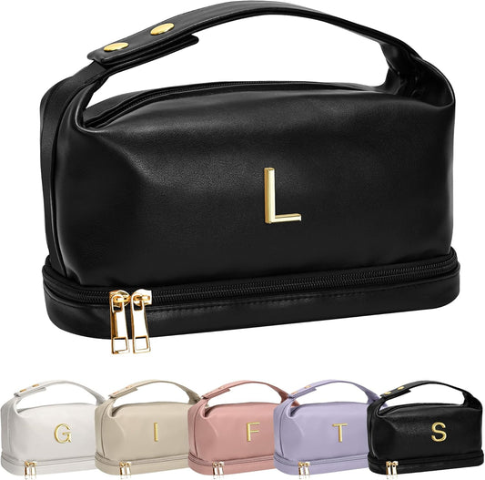 Wedding Gifts, College Gift Makeup Bag with Handle, Trendy Gifts for Women Cosmetic Bag with Makeup Brush Organizer, PU Leather Travel Toiletry Bag, Gift for Friends Female Mom