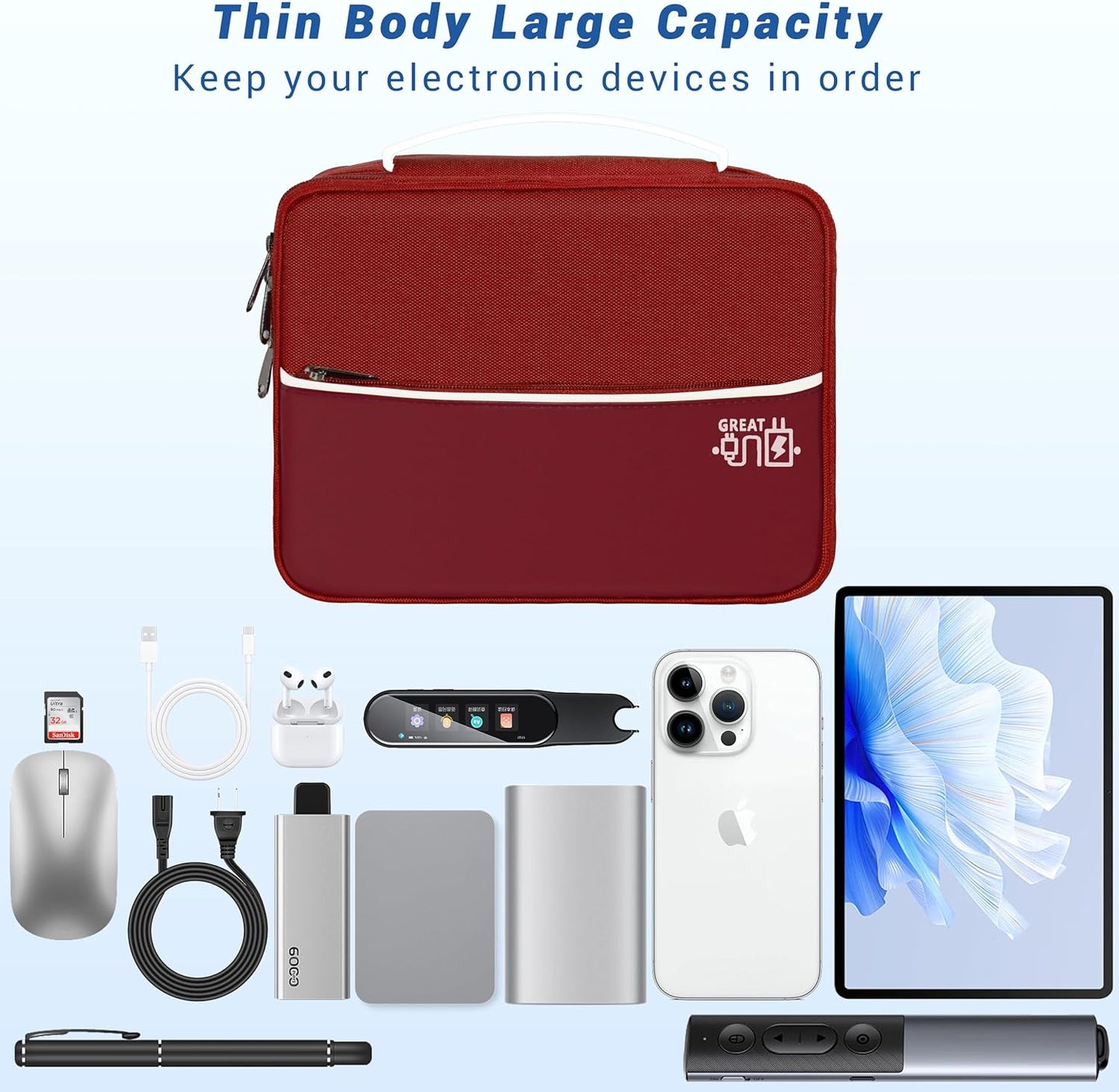 Electronics Organizer,Travel Cord Organizer Pouch, Portable Cable Organizer Bags, Waterproof Electronic Accessories Storage Case for Cables, Cords, Charger, Phone (Double Layer-Winered)
