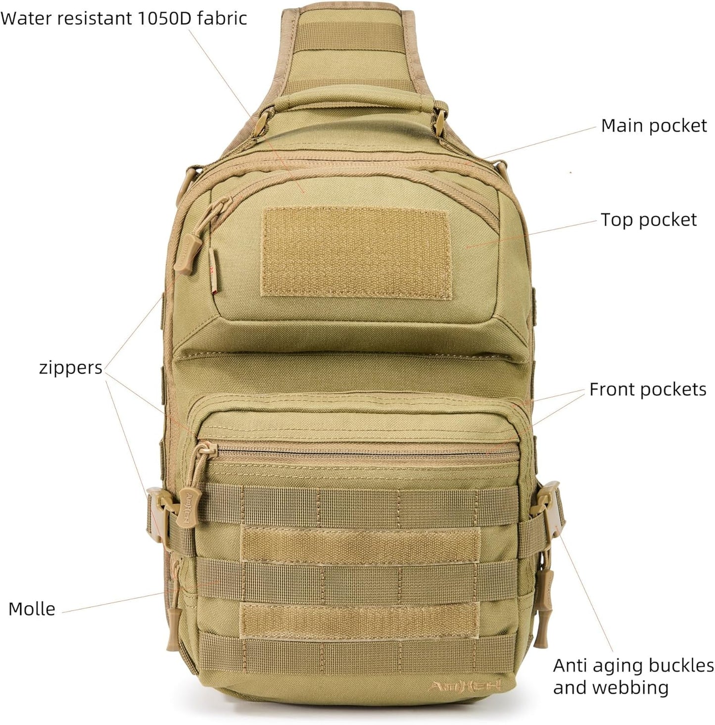 15L Tactical Crossbody Sling Bag | Everyday One Shoulder Backpack Fit 12 Inch Laptop, Molle, Daily Use, Travel, Hiking (Tan)