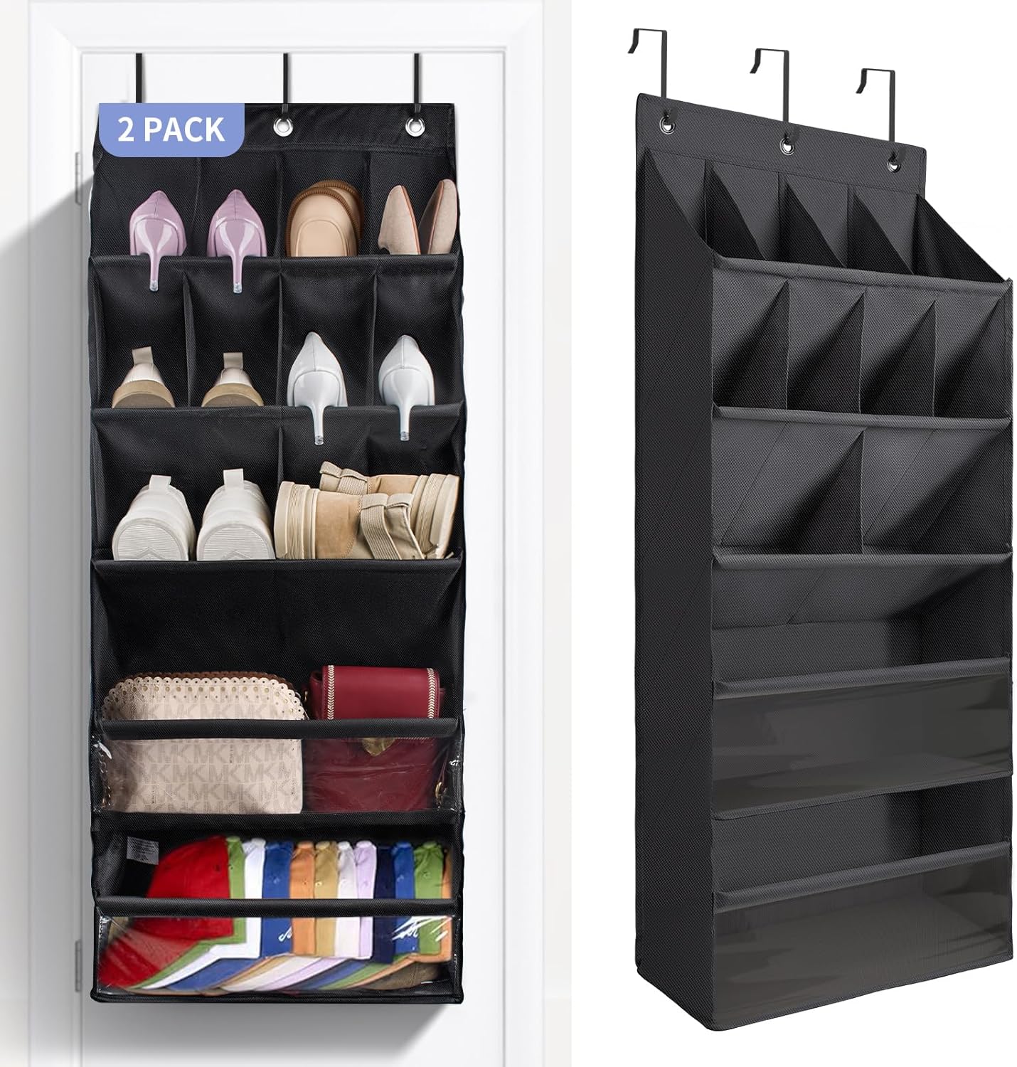 FENTEC 2 Pack Over the Door Shoe Organizer, Hanging Shoe Organizers with Large Pockets Shoe Holder Hanging Shoe Rack for Closet Shoe Organizer for Wall, Over Door Organizer with 30 Pockets, Black