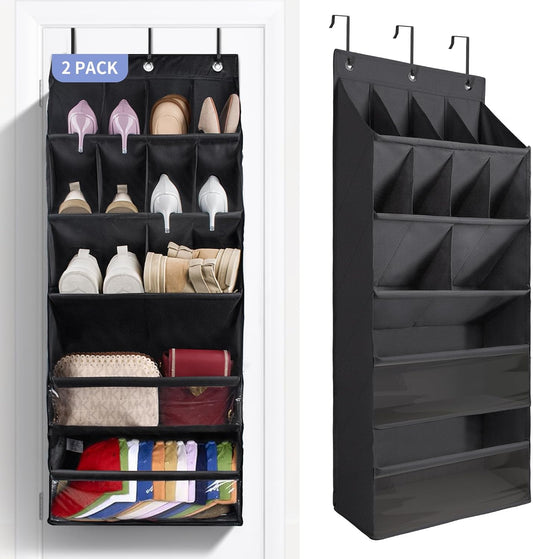 FENTEC 2 Pack Over the Door Shoe Organizer, Hanging Shoe Organizers with Large Pockets Shoe Holder Hanging Shoe Rack for Closet Shoe Organizer for Wall, Over Door Organizer with 30 Pockets, Black