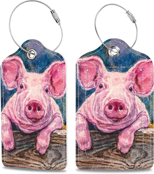 Set of 2 Luggage Tags Cute Baby Piggy Leather Suitcases Tag with Privacy Cover Stainless Steel Loop and Address Card for Women Men Travel