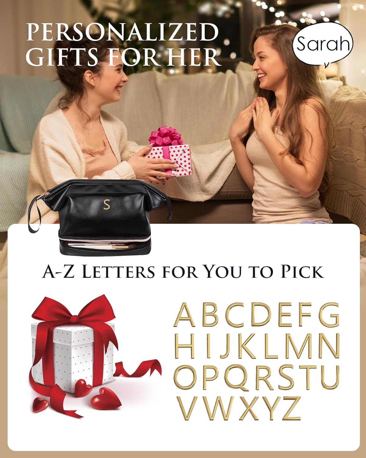 Gifts for Girls, Initial Large Makeup Bag, Personalized Double Layer Cosmetic Bag with Makeup Brush Organizer, PU Leather Travel Toiletry Bag Gift For Daughter, Preppy Things For Girls