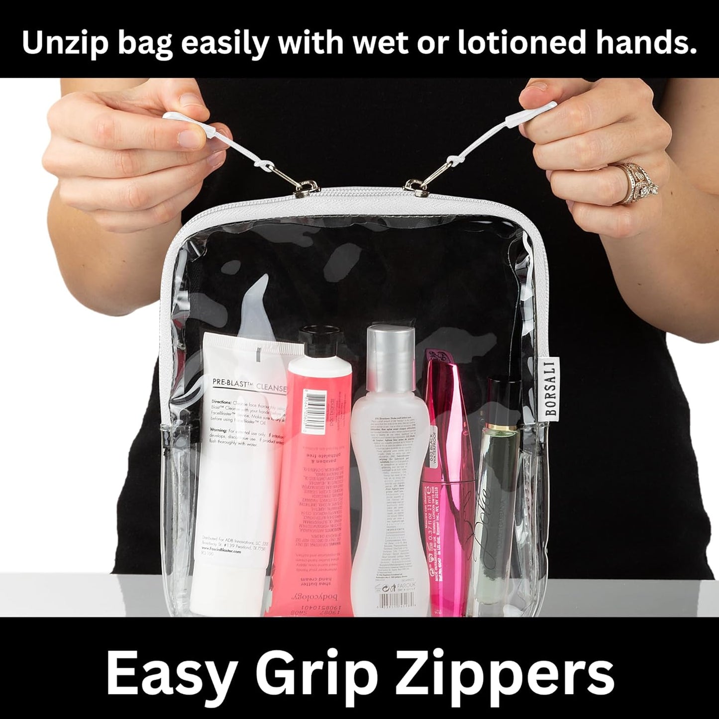 BORSALI TSA Approved Toiletry Bag - Clear Quart Size for 3-1-1 Carry On Travel - Makeup Organizer Cosmetic Pouch with Zipper - Travel Accessories - White