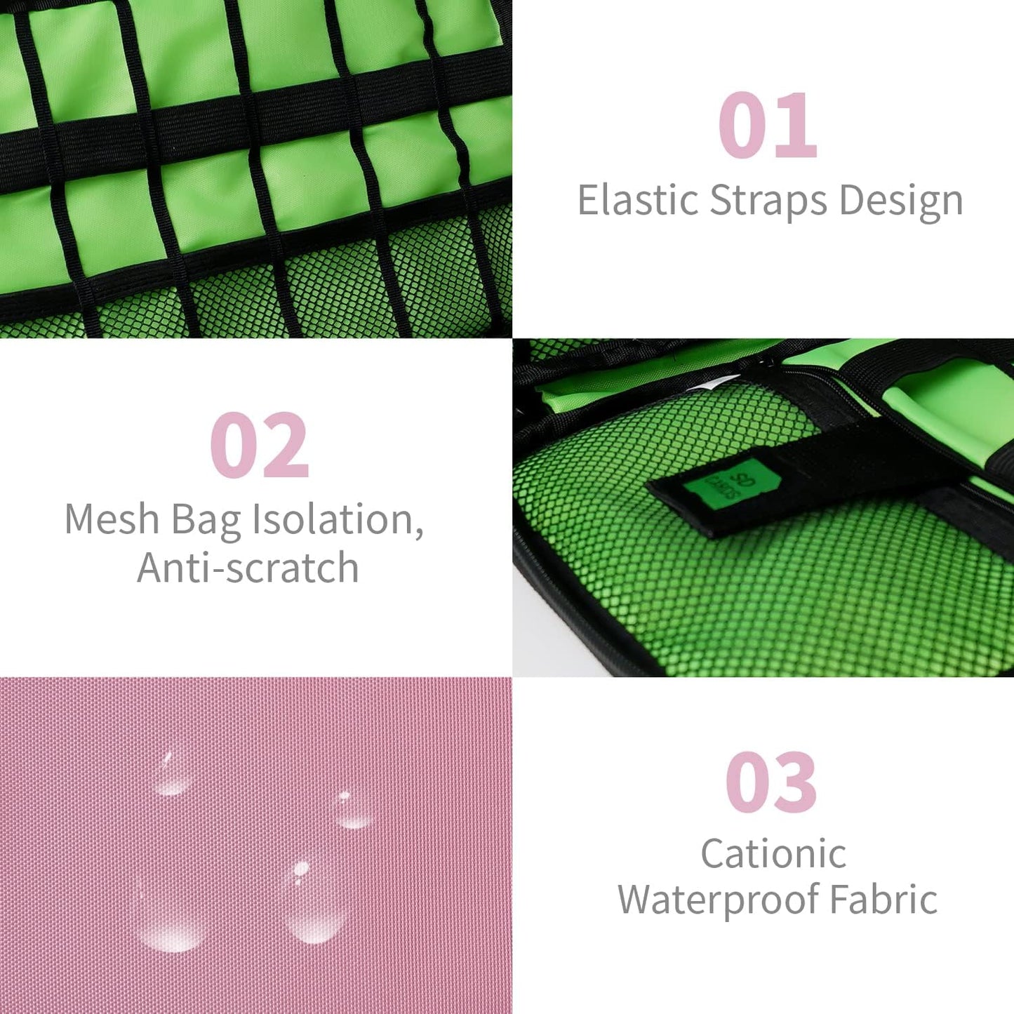 Electronics Travel Organizer,Portable Waterproof Electronic Travel Storage Bag for Small Charging Cord Storage,Charger,SD Card etc,for Travel,Business -Pink Green