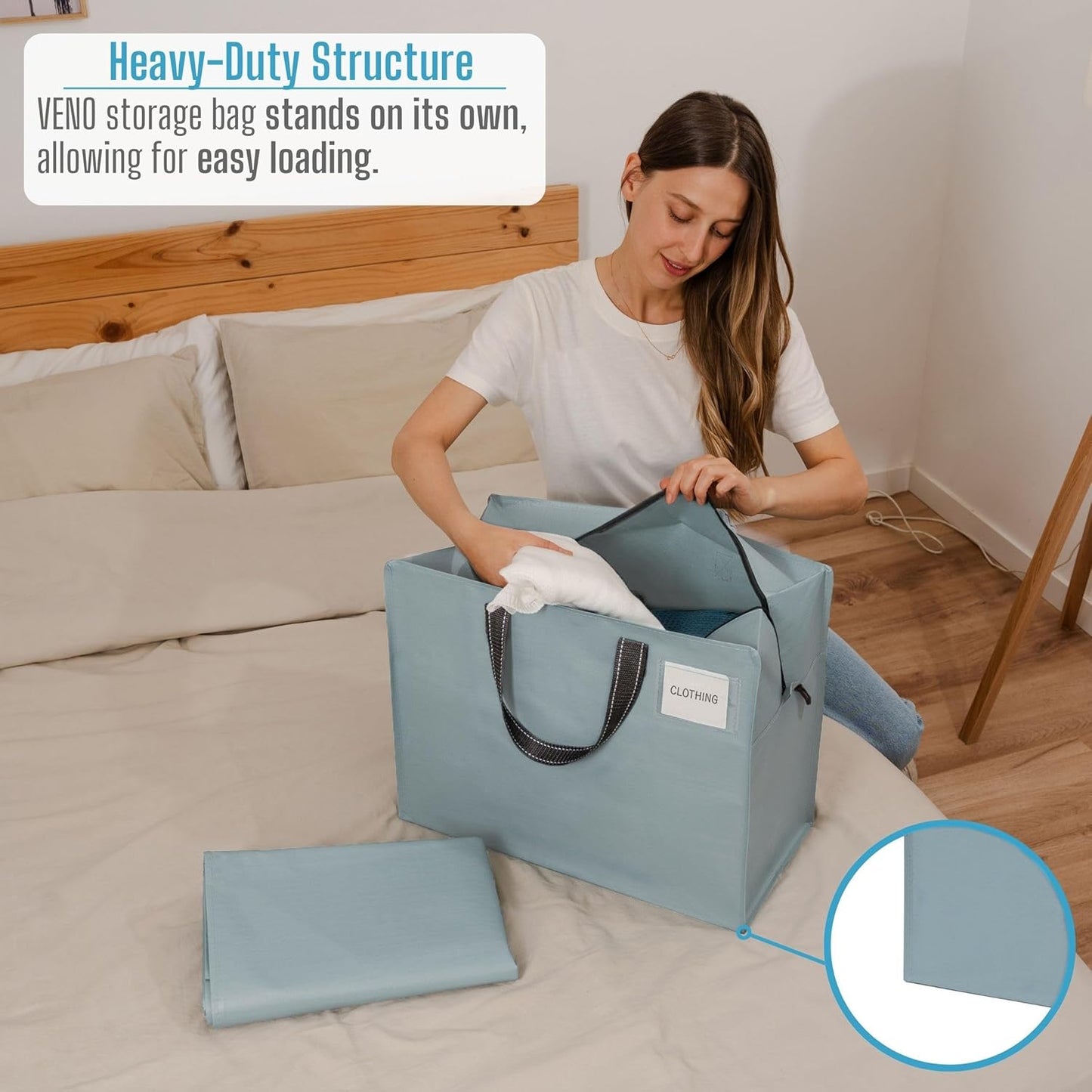 VENO 4 Pack Heavy Duty Moving Bags, Storage Bags, Packing Supplies, Top Zipper, Storage Totes for Camping, Clothes, Bedding, Comforters, Pillows (13 Gallon Light Blue, 4 Pack)