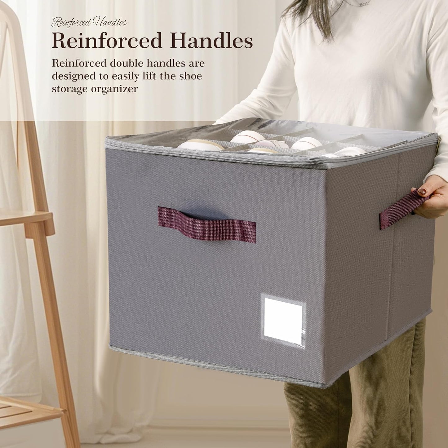 Criusia Shoe Organizer for Closet, 3 Pack Shoe Organizer with Transparent Cover and Sturdy Handles, Closet Shoe Storage for Sneakers Sandals Slippers, Fit 12-16 Pairs, Gray