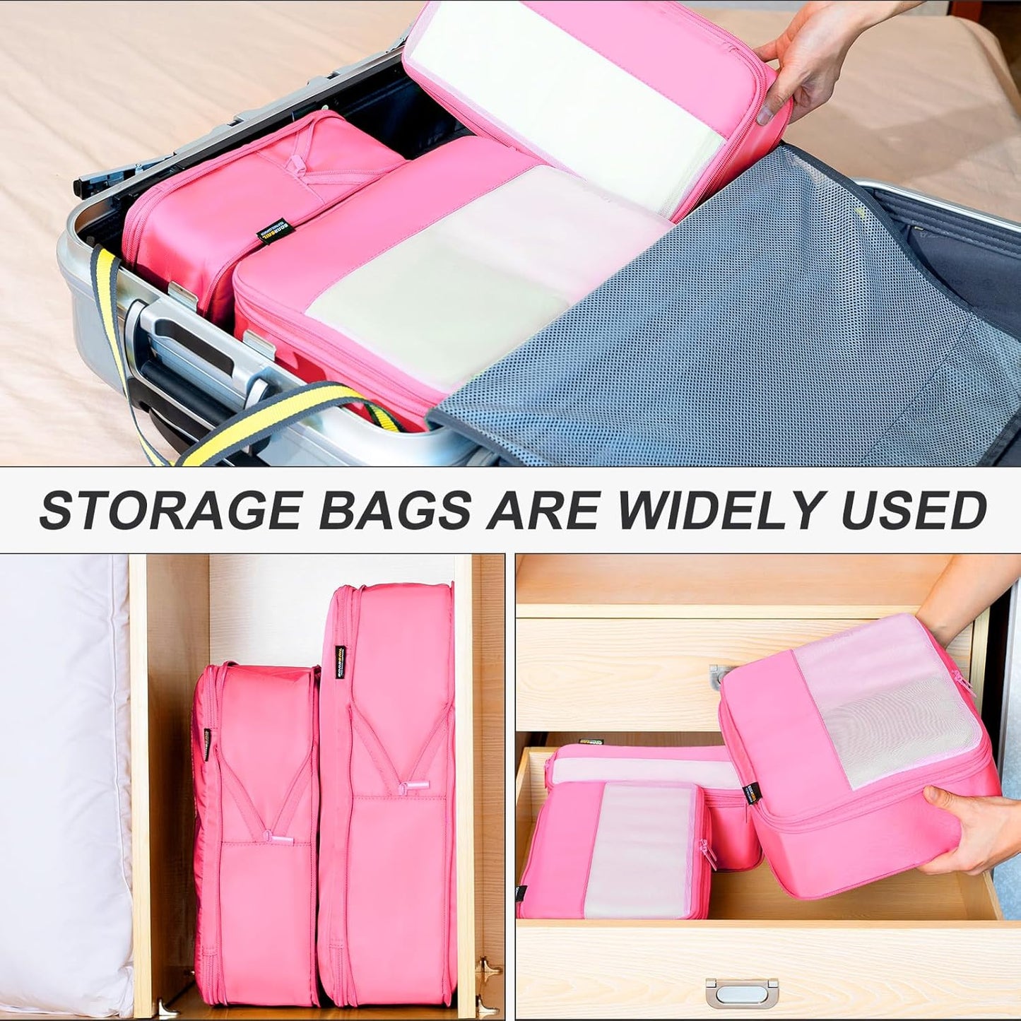 4 Set Compression Packing Cubes for Travel, Suitcases and Backpack Space Saving Organizers (Pink)
