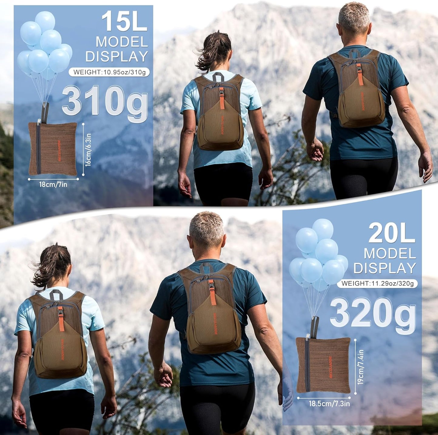 20L Small Hiking Backpack for Men Women Foldable Packable Back Pack Ultralight Hiking Daypack for Travel Camping Outdoor, Chocolate Brown