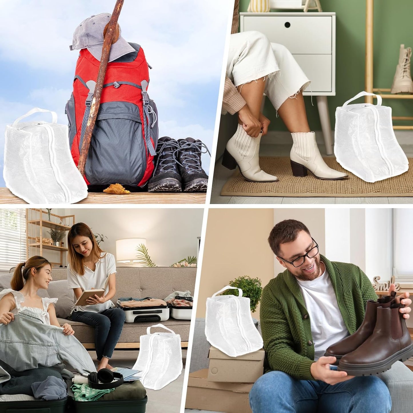 Boot Storage Bags [2PCS] - Plastic Short Boot Carry Bags Clear Shoe Bags with Handle for Travel & Daily Use - [White] Waterproof & DustProof Boot Bags for Cowboy Boots