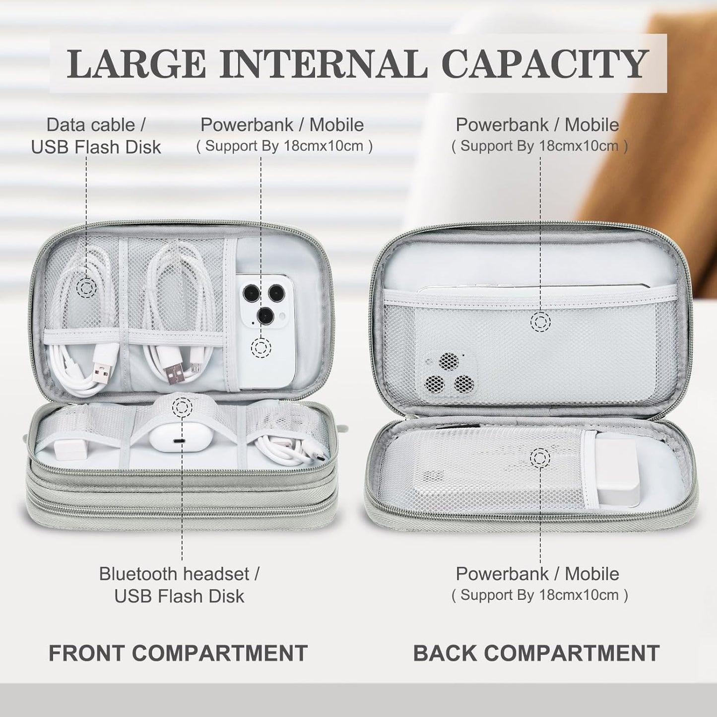 FYY Travel Electronic Cable Organizer Bag, Pouch Electronic Accessories Carry Case Portable Waterproof Double Layers Storage Bag for Cable, Cord, Charger, Phone, Earphone, Medium Size, Grey