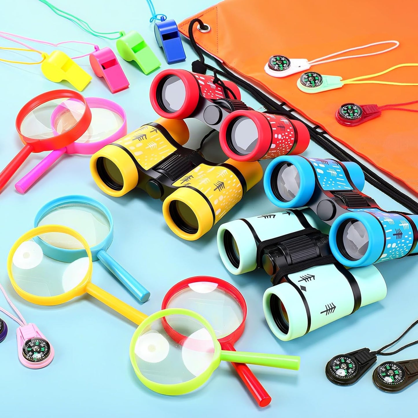 12 Set Binocular Compass Magnifying Glass Set Christmas Birthday Gift Small Telescope Binocular with Whistle Bag for Outdoor Exploring Stocking Stuffer(Mixed Color,Pine)