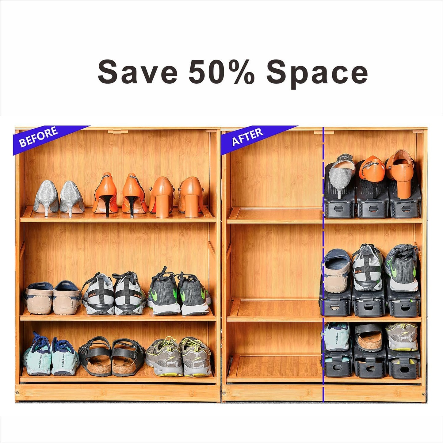 Shoe Slots Organizer, 36PCS Adjustable Double Layer Stack Shoe Rack, 50% Space-Saving Storage Rack Holder, Black