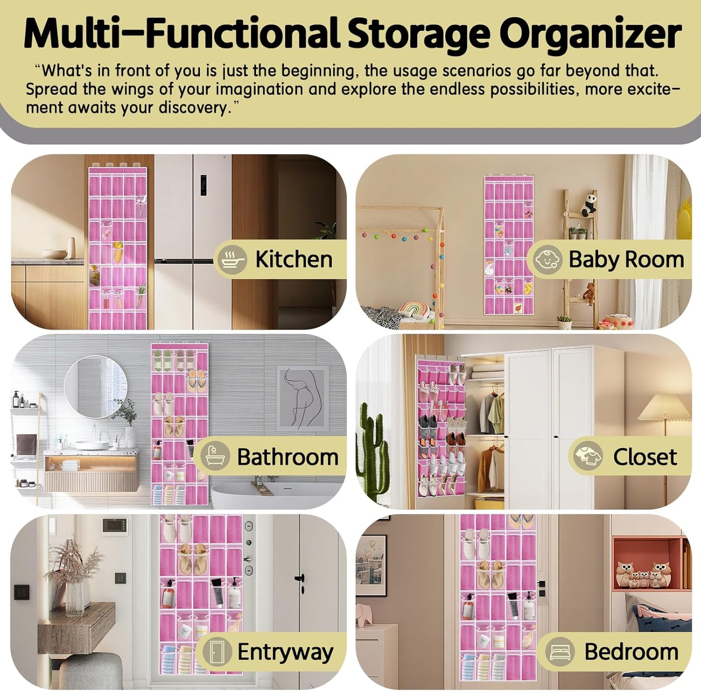 35 Pocket Over the Door Shoe Organizer,Reusable Breathable Large Mesh Bag Men's & Women's Sneaker Organizer,Shoe Organizer for Kids,Hanging Shoe Storage Hanging Bag (Pink)