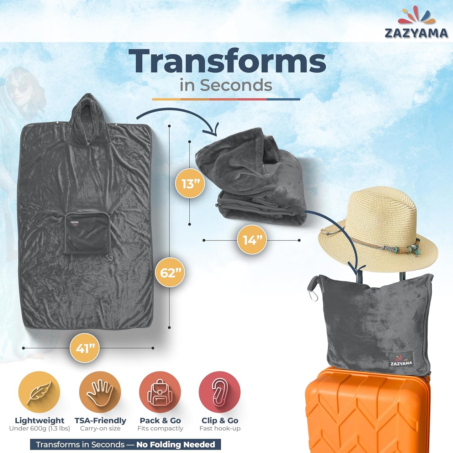 3-in-1 Travel Blanket Airplane – Compact with Bag & Pillow Combo Set, Gray Ultra-Soft Fleece | Packable Blanket Compact | Hidden Pocket | Trolley Sleeve | Carabiner | Travel Essentials