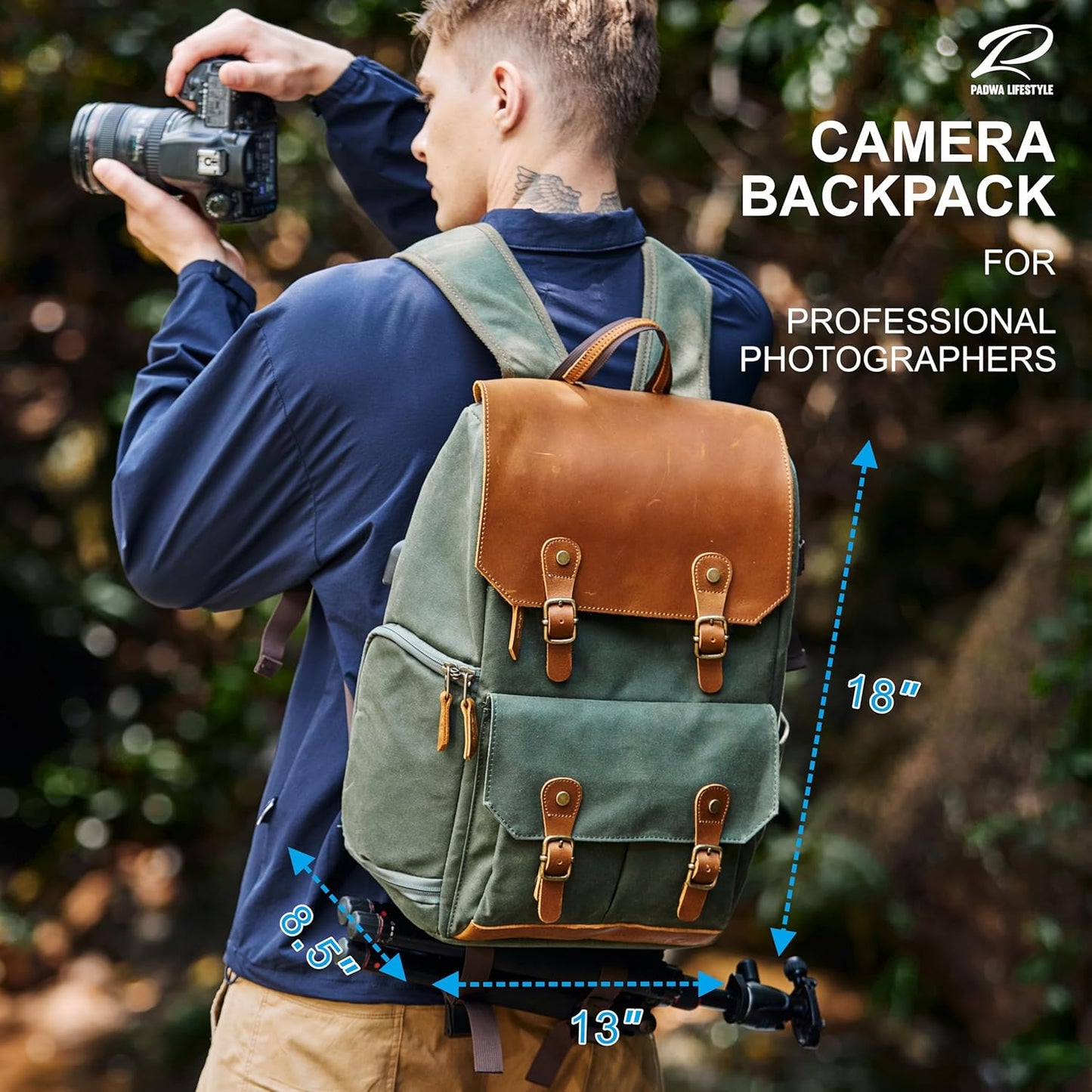 Padwa Lifestyle Green Camera Backpack - Waxed Memory Canvas Camera Bag, Multi DSLR SLR Large Camera Backpacks for Photographers with 16” Laptop & Lens Compartment and Tripod Holder & Weather Resistant