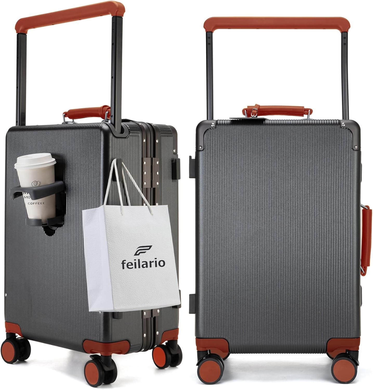 feilario 20'' Aluminum Frame Wide Handle PC Hardside Carry On Luggage - Double Spinner Wheels Luxury Rolling Travel Suitcase with TSA Lock & Cup Holder