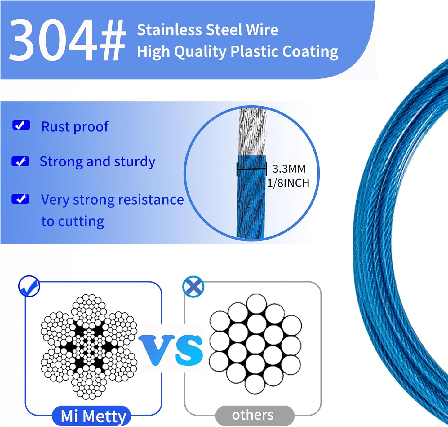 3.3mm (1/8 Inch) Outdoor Travel Stainless Steel Security Cable-6ft Luggage Lock Safety Wire Flexible Steel Wire Rope with Double Loop Safety for Luggage, Bike, Lock(Black+Blue, 6ft-(2Pack)