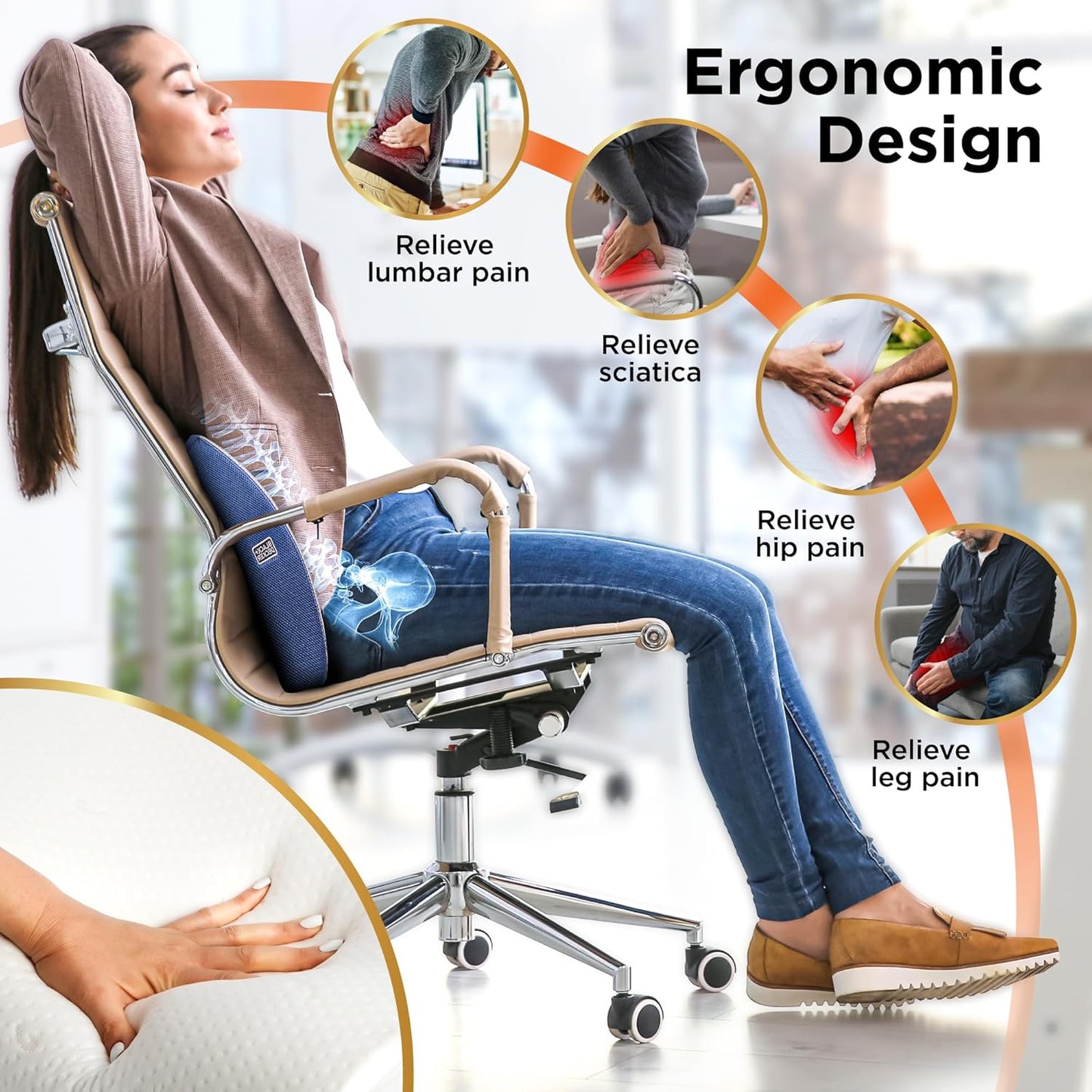 BLACK+DECKER Cooling Gel Lumbar Memory Foam Cushion – Ergonomic Back Support Travel Pillow with Ventilated Mesh, Adjustable Strap, Slow Rebound Memory Foam, Washable Cover