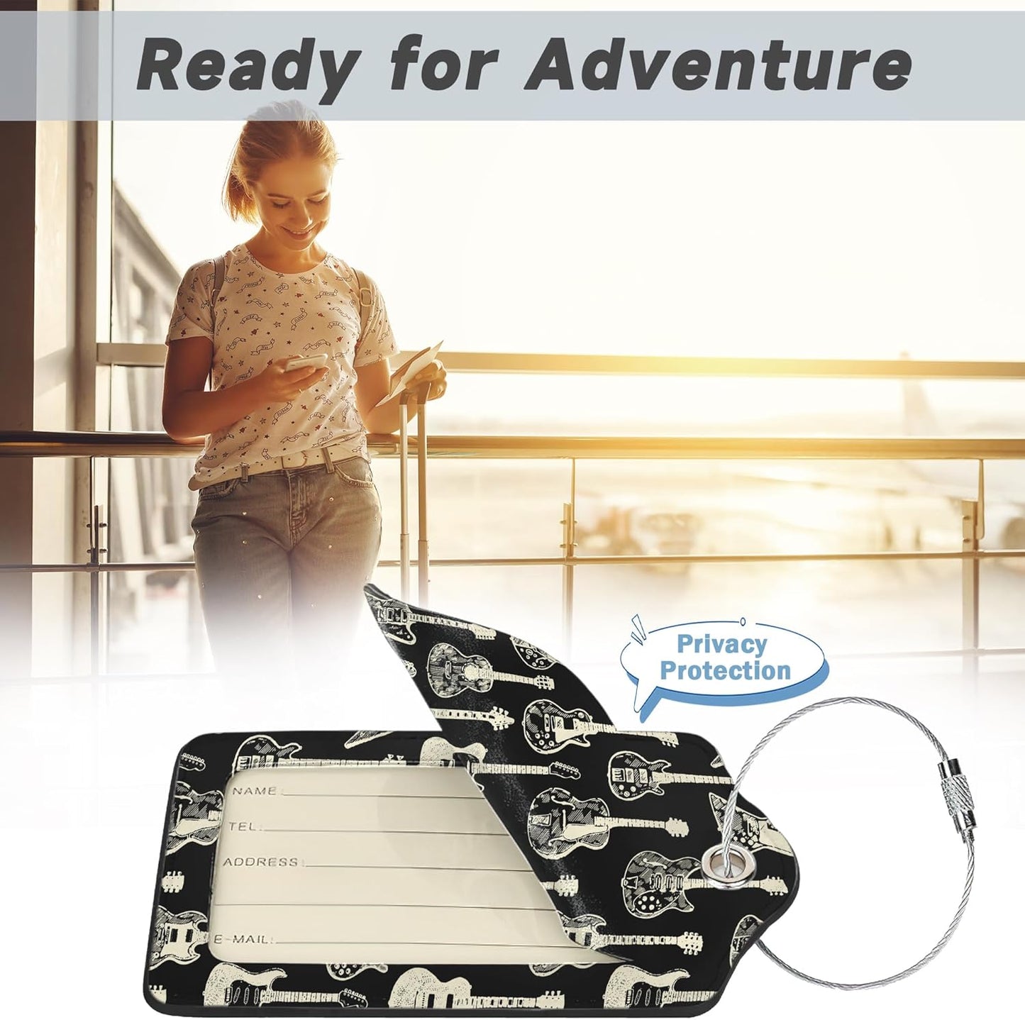 2 Pack Leather Luggage Tag for Suitcase Music Guitar Unique Travel Tags with Privacy Cover ID Label & Stainless Steel Loop for Men and Women Baggage