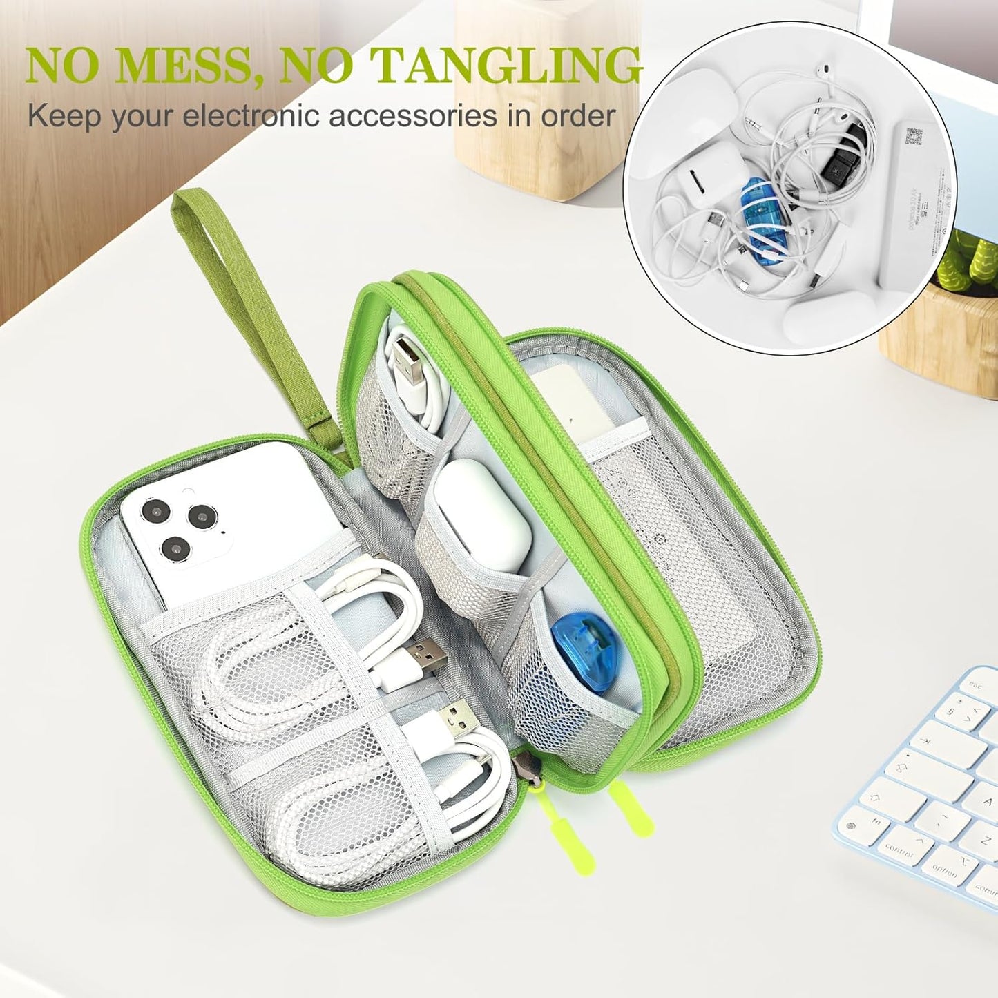 FYY Travel Cable Organizer Pouch Electronic Accessories Carry Case Portable Waterproof Double Layers All-in-One Storage Bag for Cord, Charger, Phone, Earphone Green