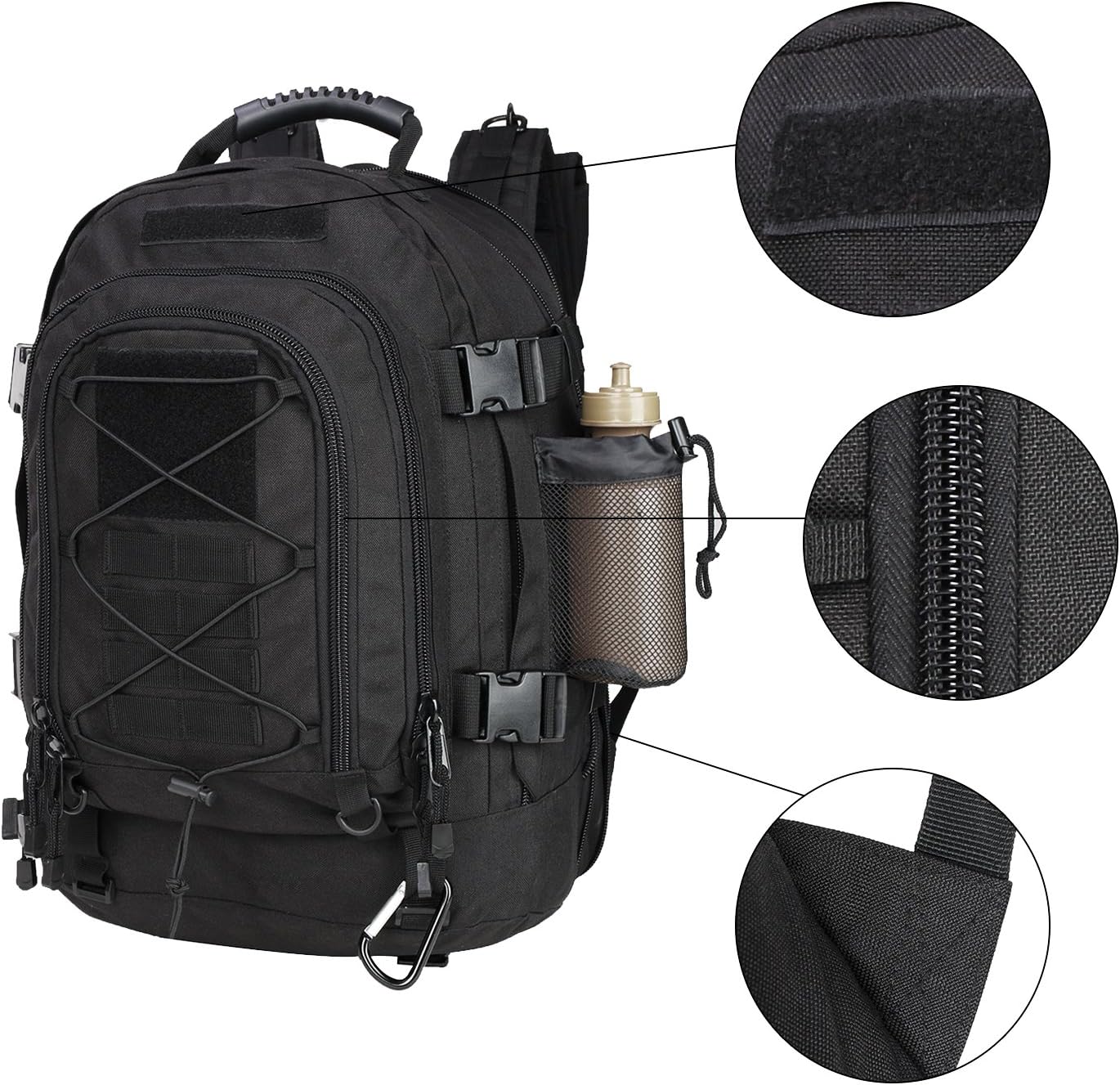 Large Tactical Backpack for Men Military Backpack with DIY System for Travel, Work,Camping,Hunting,Hiking,Sports (BLACK)