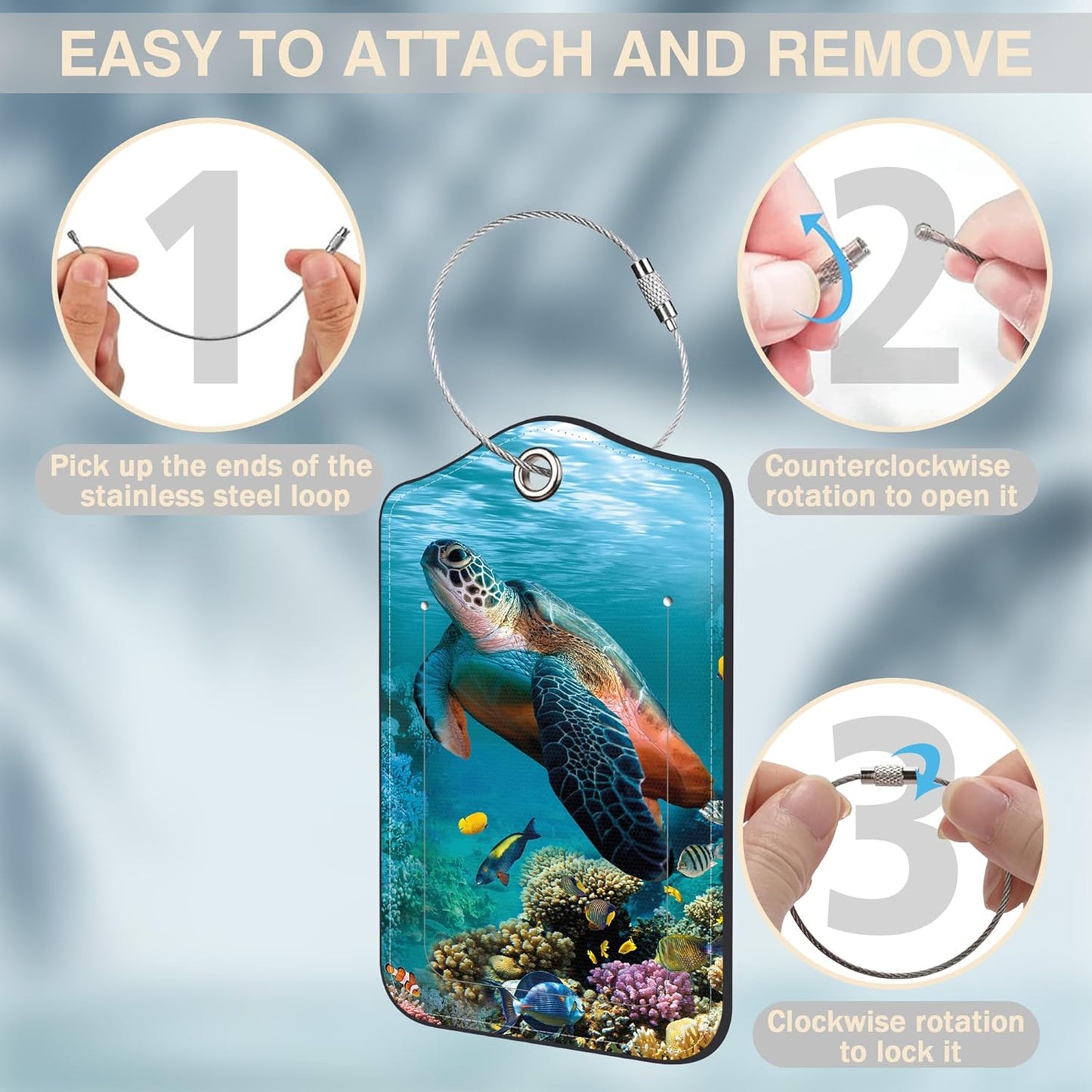 2 Pcs Sea Turtle Luggage Tags for Suitcases PU Leather Baggage Tags Name ID Label with Privacy Cover and Stainless Steel Loop for Men Women Travel Bag Suitcase