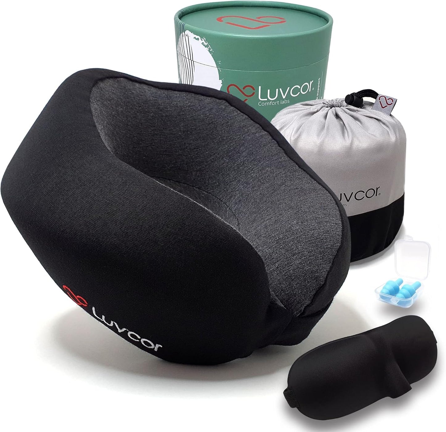 Premium Quality Memory Foam Travel Neck Pillow Bundle - Best Ergonomic Pillow for Airplane Travel, car Ride, Sleeping. Comes with Eye mask, earplugs and Storage Bag.(Stealth Black)
