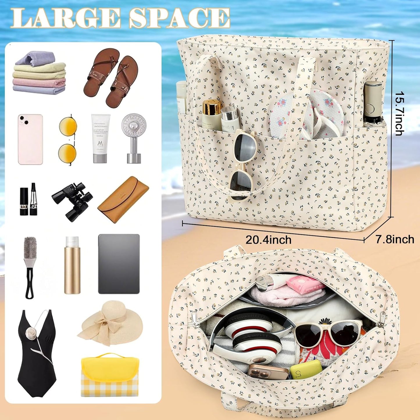 LEDAOU Beach Bag Waterproof Sandproof Women Tote Bag Pool Bag with Zipper for Gym Grocery Travel with Wet Pocket