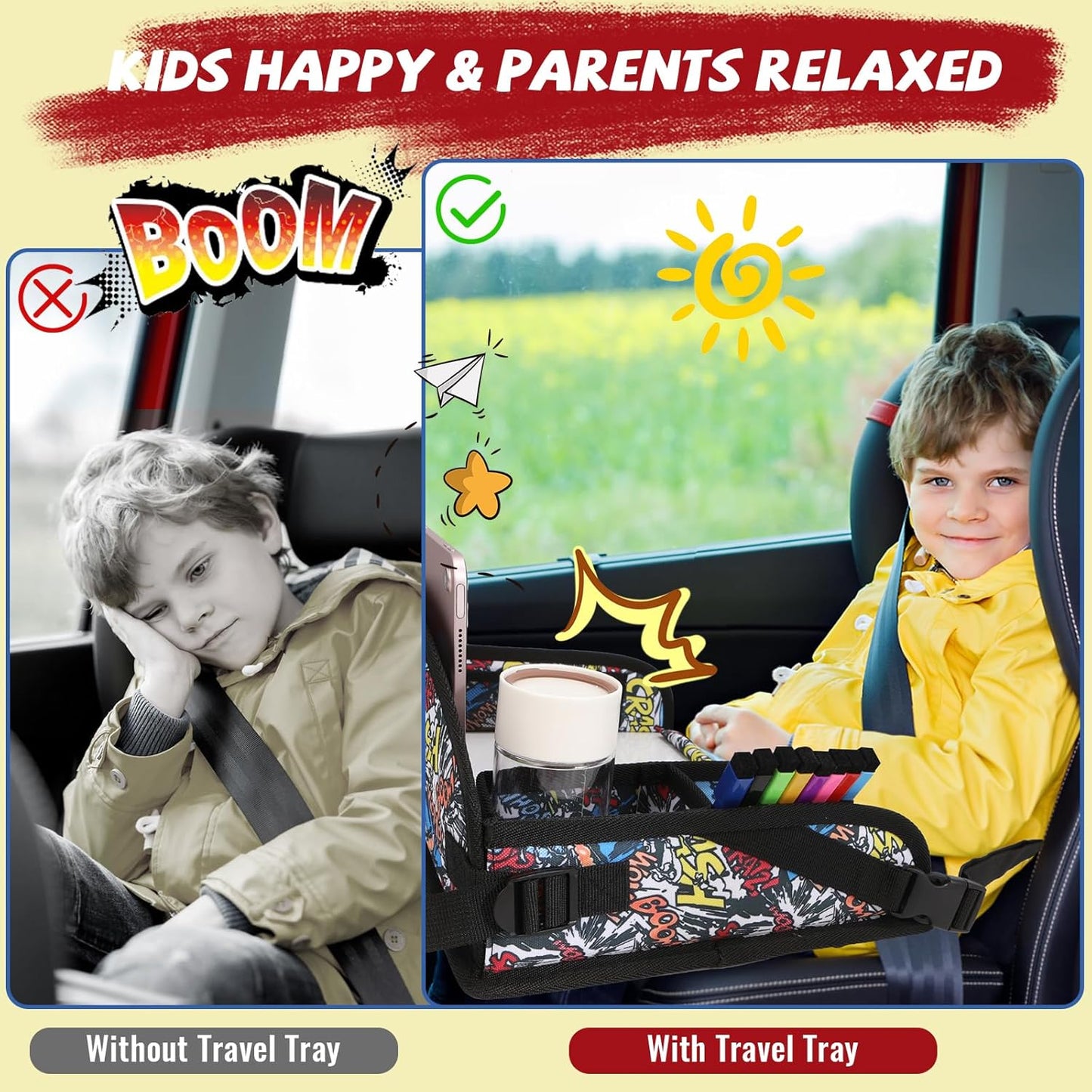 Kids Travel Tray for Airplane - Toddler Car Seat Table Tray, Road Trip Essentials for Boys & Girls, Carseat Lap Desk for Kids Road Trip Activities, Graffiti