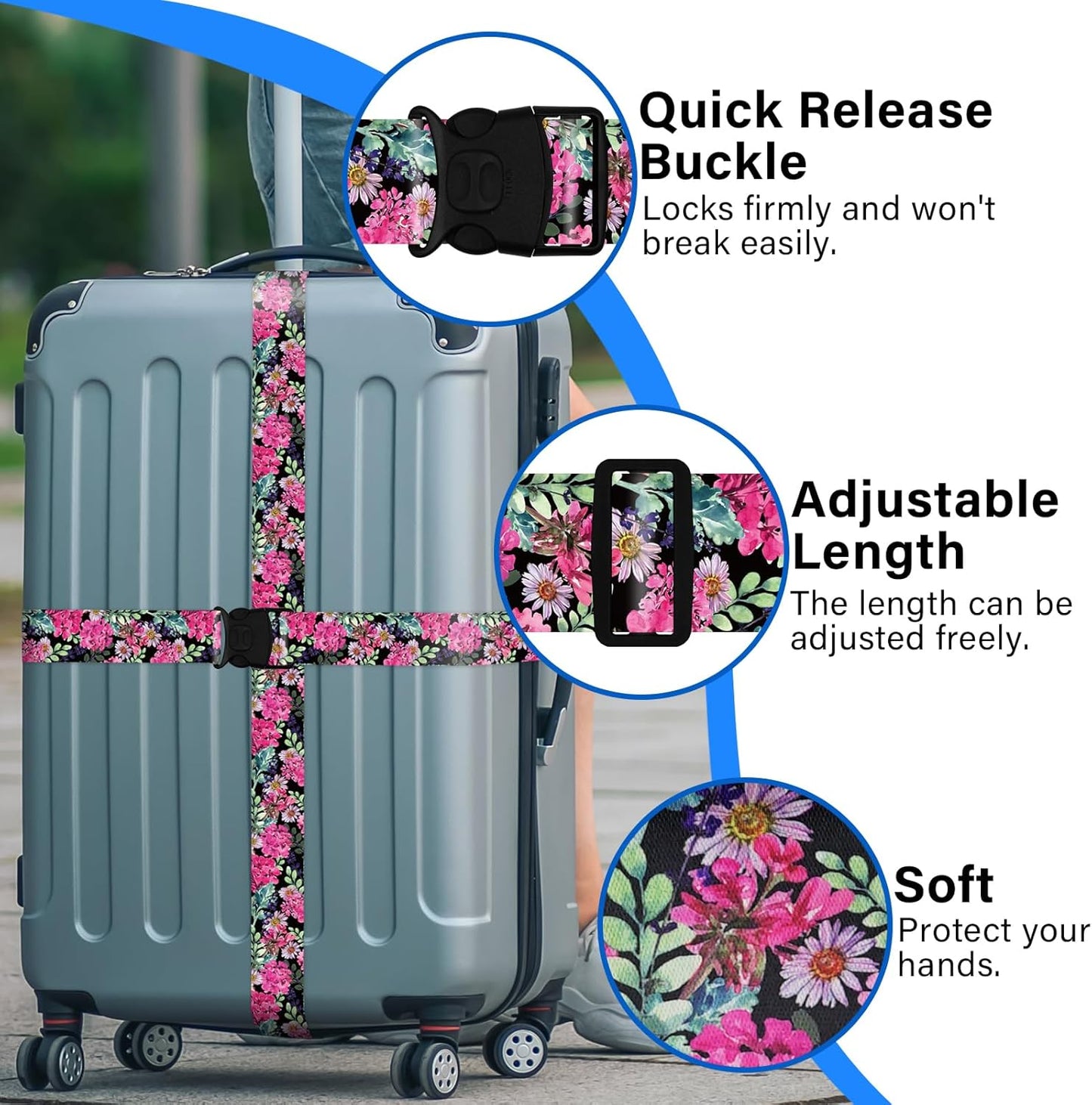 2 Pack Luggage Straps for Suitcases, Adjustable Travel Belt with Double Lock and Quick Release Buckle, Heavy Duty Nylon Bag Packing Strap, Bright Identifiers Business Travel Accessories-Pink Flowers