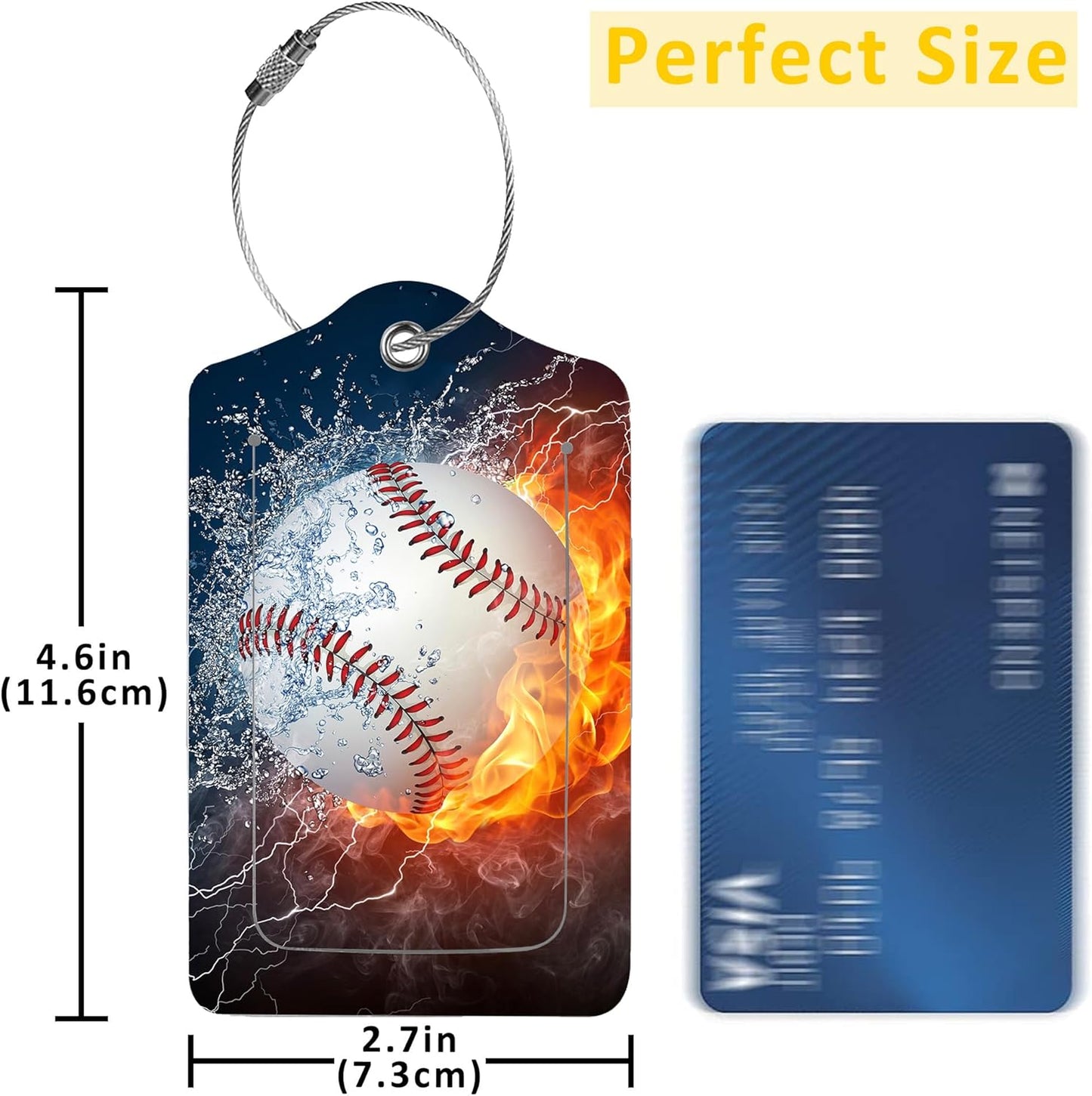 2 Pack Luggage Tags for Suitcases,Baseball Ball on Fire and Water Luggage Tag,PU Leather Id Label Luggage Tags with Stainless Steel Loop and Privacy Cover for Women Men Teens Travel
