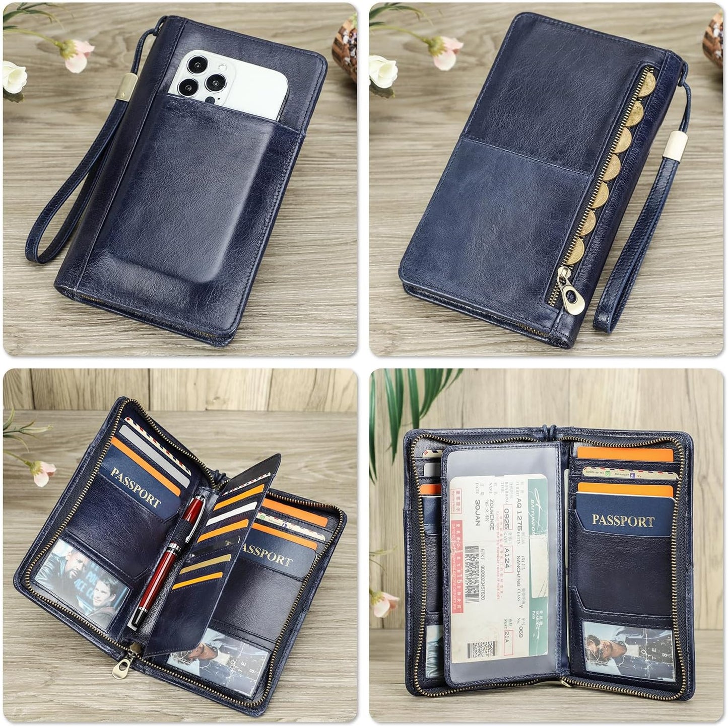 Top Grain Leather Customizable Travel Passport Wallet Holder for Man & Woman, Handmade for 4 Passports & Multi Cards, RFID Blocking Large Capacity for Cards/Passports/Tickets