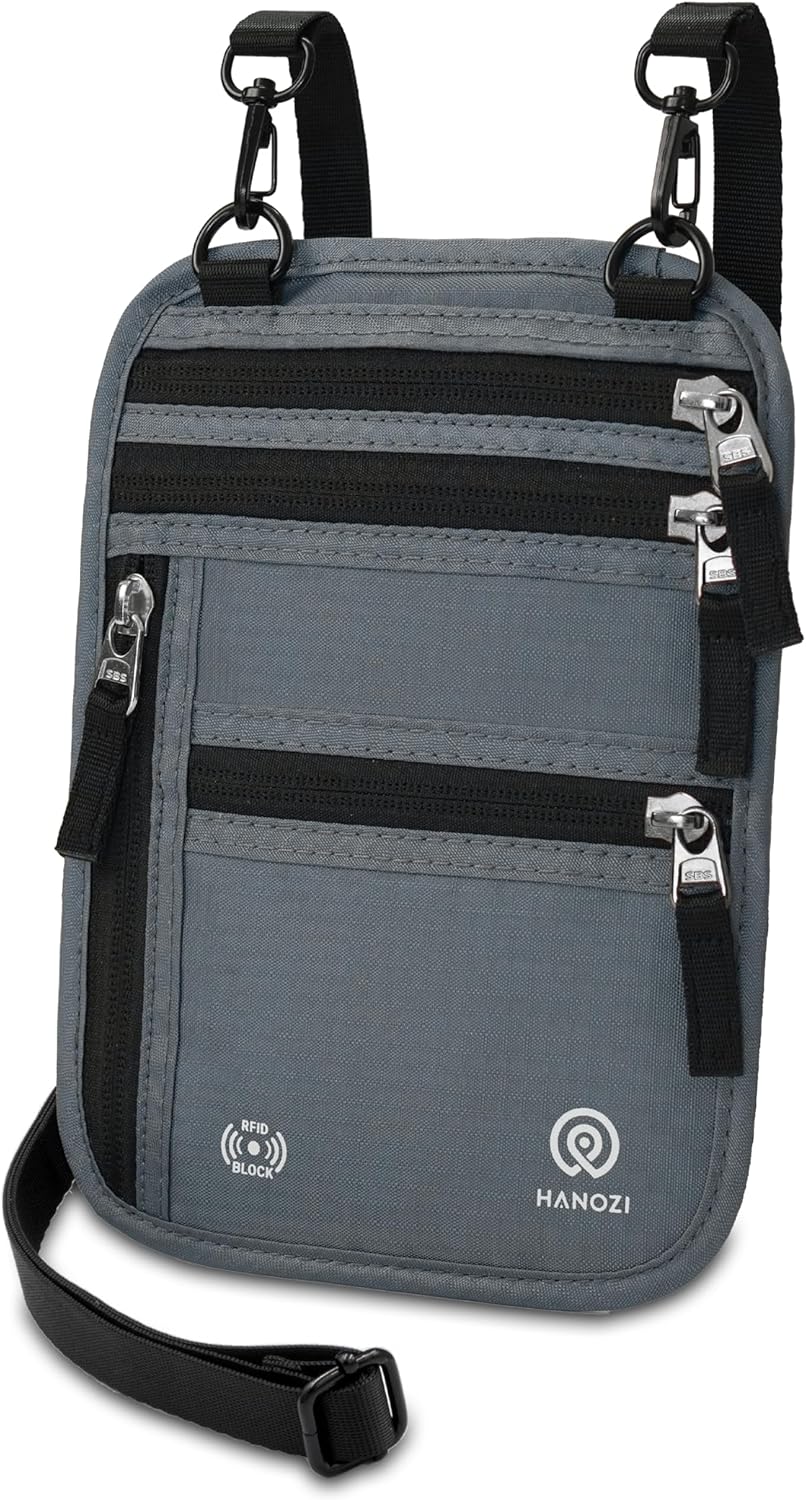 Neck Wallet – Travel Pouch and RFID Blocking Passport Holder for Women and Men, Slim Travel Wallet (Smoke Grey)