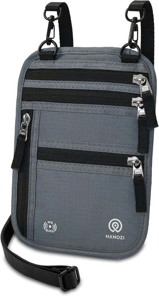 Neck Wallet – Travel Pouch and RFID Blocking Passport Holder for Women and Men, Slim Travel Wallet (Smoke Grey)